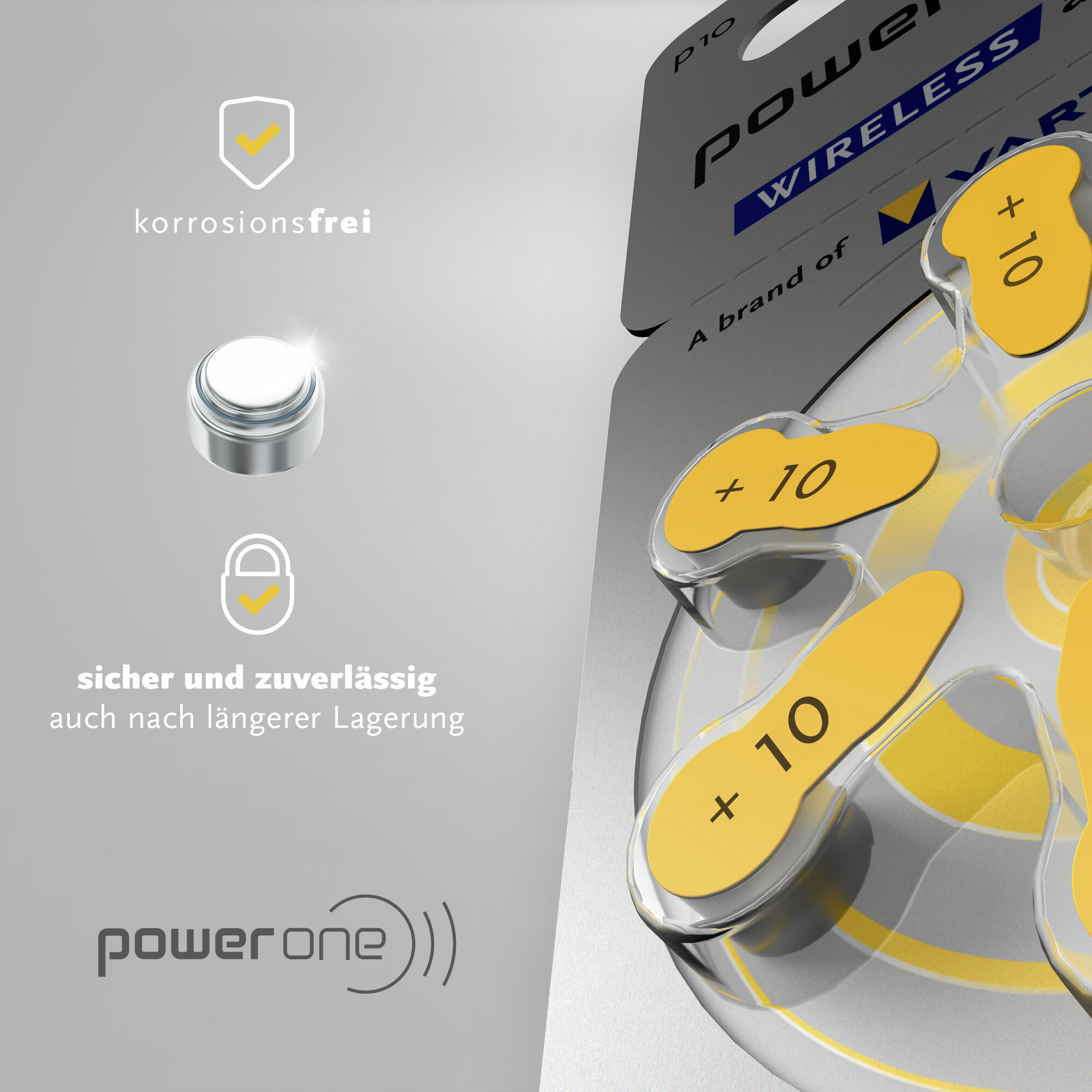 Power One P10 Hörgerätebatterien in Verpackung mit Icons für Korrosionsfreiheit und Sicherheit.
