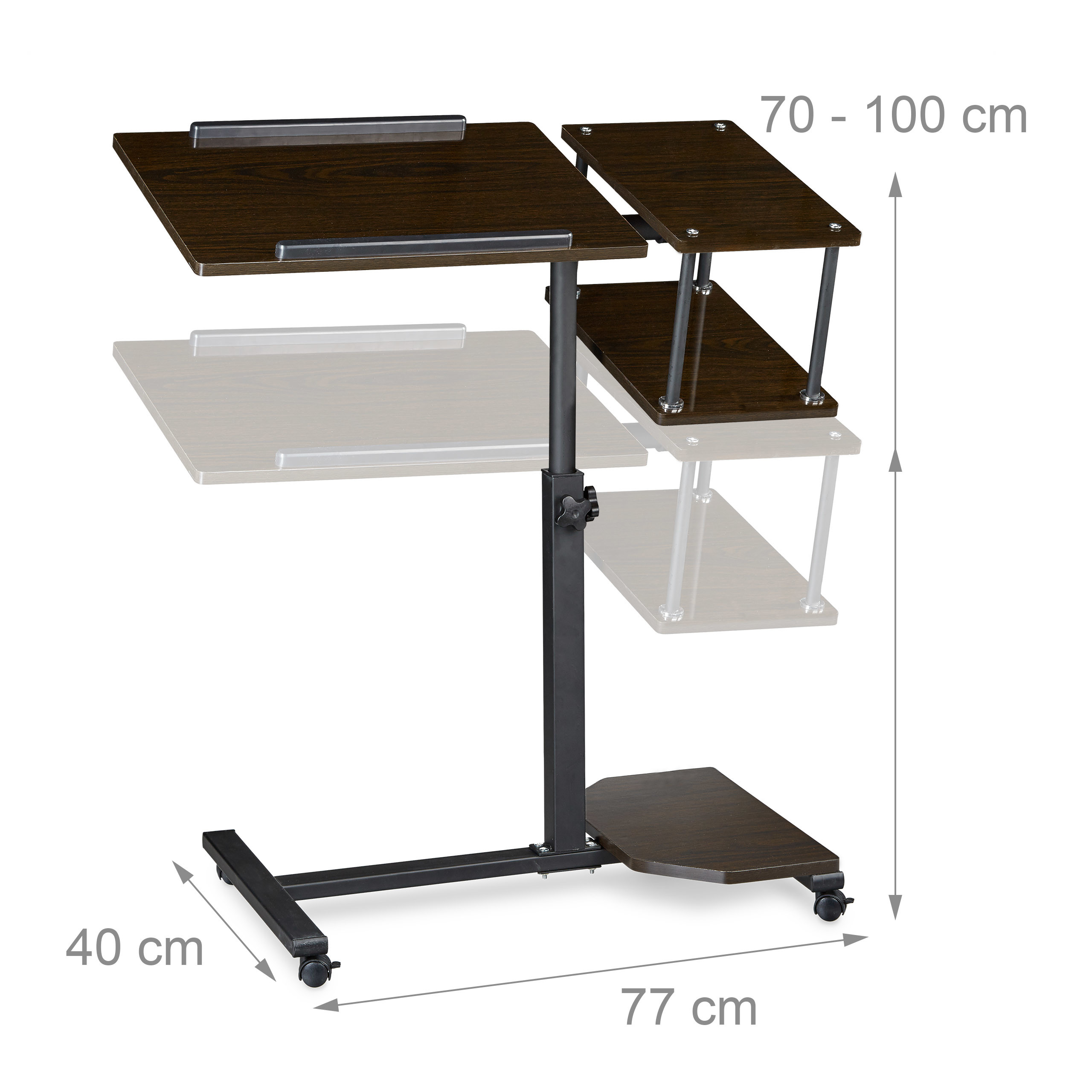Dunkler Laptop-Beistelltisch auf Rollen mit verstellbarer Höhe und Regalen, Maße 77x40 cm und 70-100 cm.