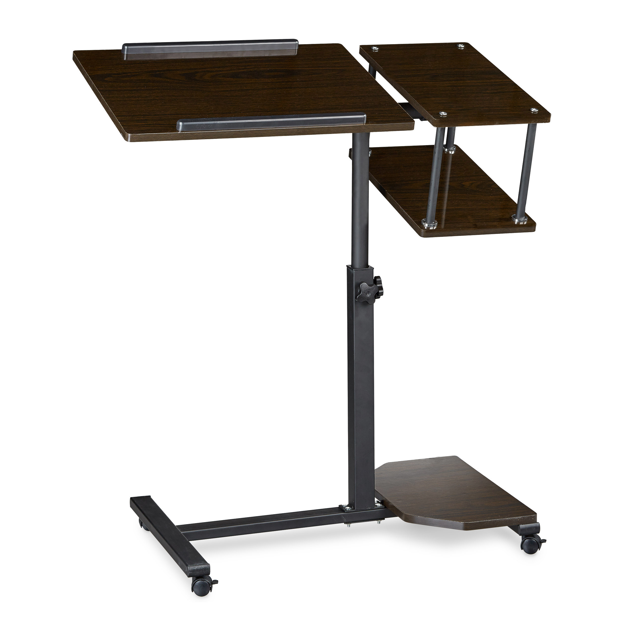 Verstellbarer dunkler Holz-Laptoptisch mit Rollen, Seitenregalen und Metallgestell.