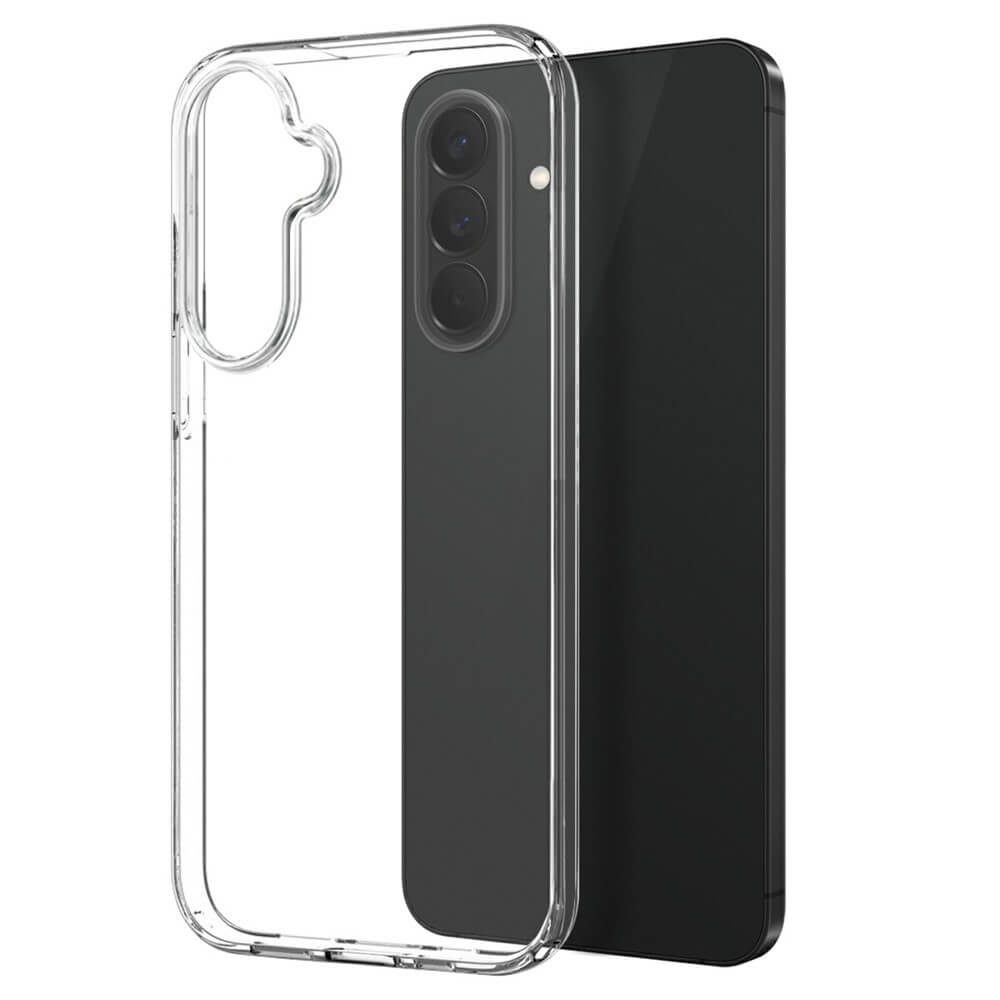 Uno smartphone nero è dietro una custodia protettiva trasparente con modulo fotocamera.