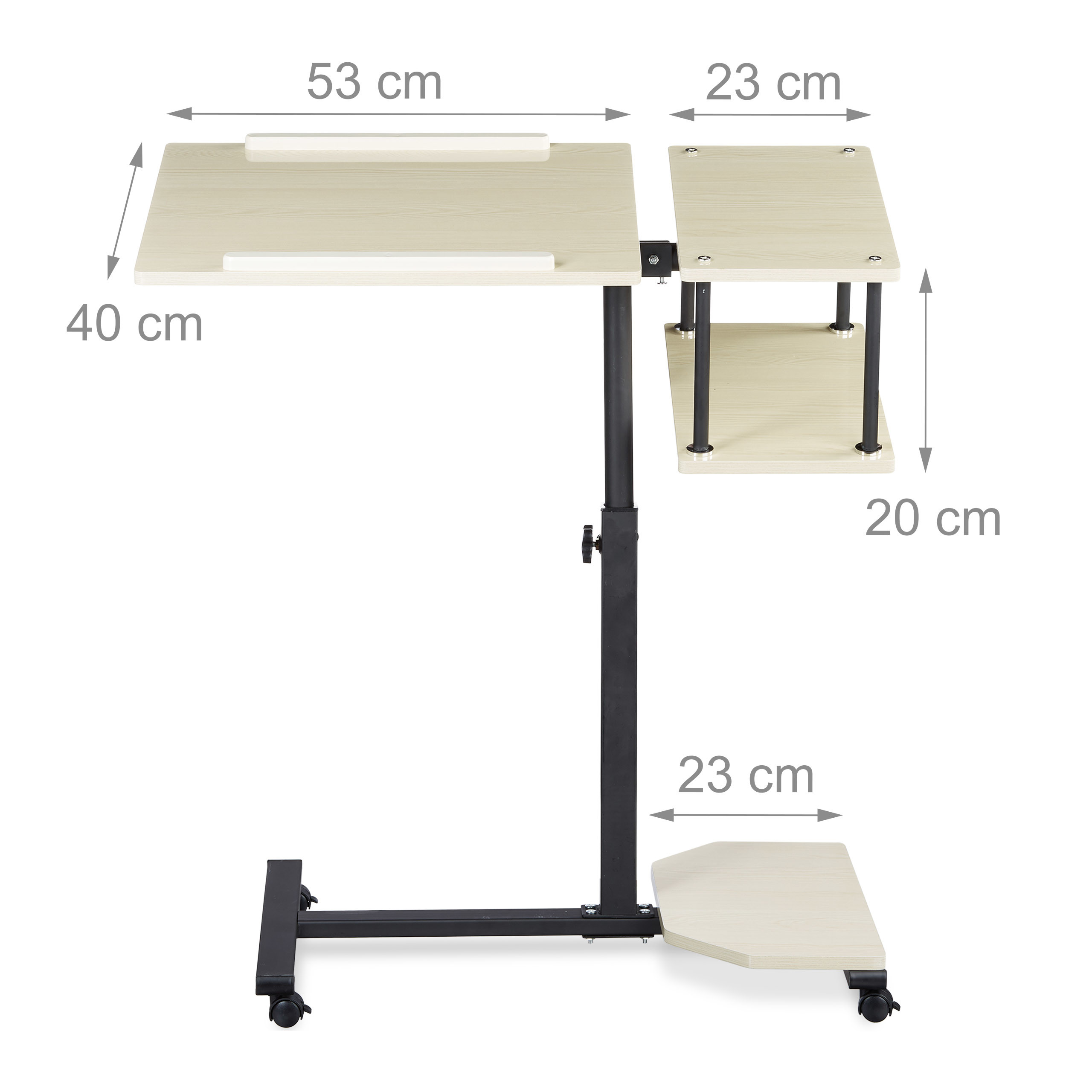 Verstellbarer L-förmiger Laptop-Beistelltisch auf Rädern mit Holzplatten und schwarzen Metallbeinen, inklusive Maßen.