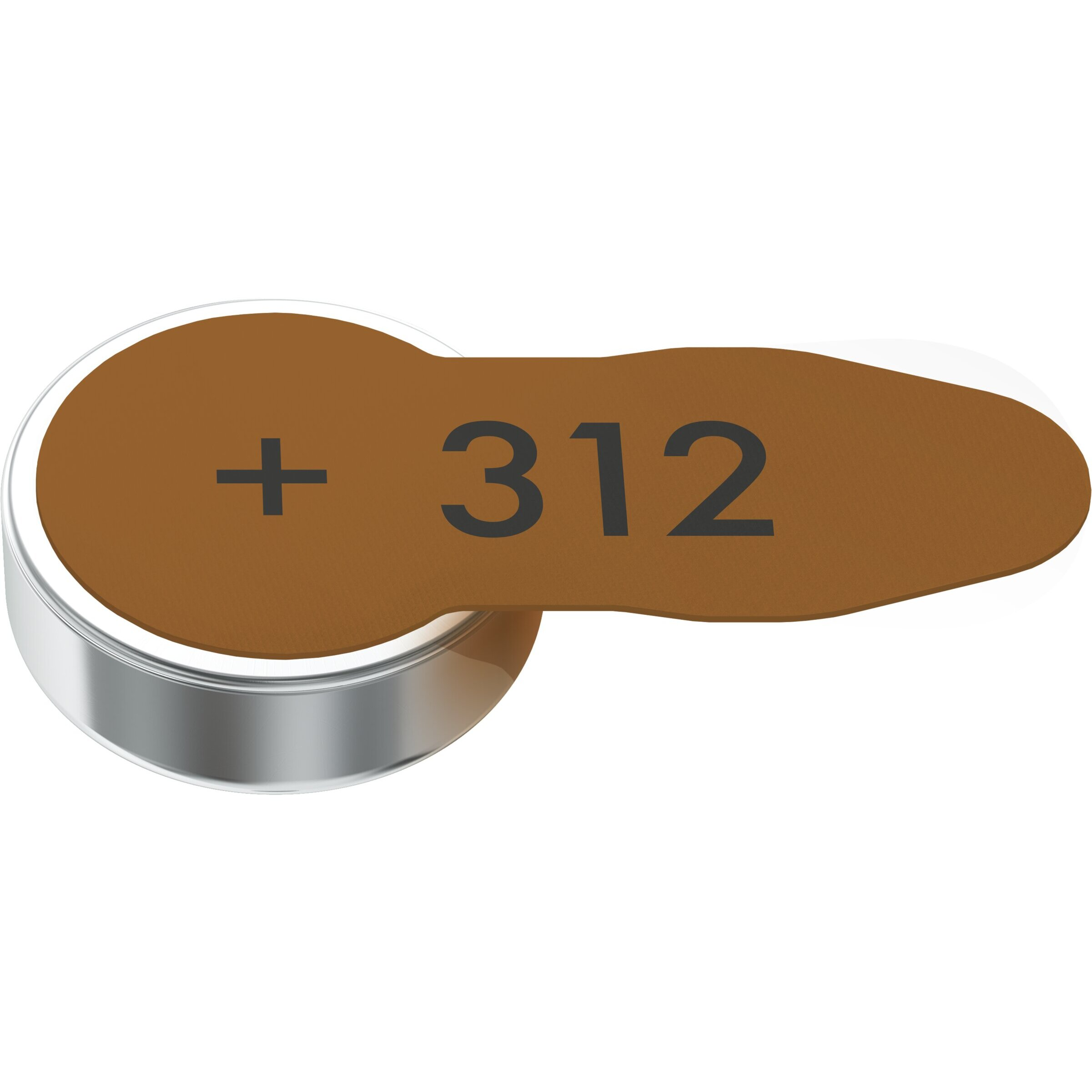 Eine kleine silberne Knopfzelle mit einer braunen Lasche und der Aufschrift Plus 312.