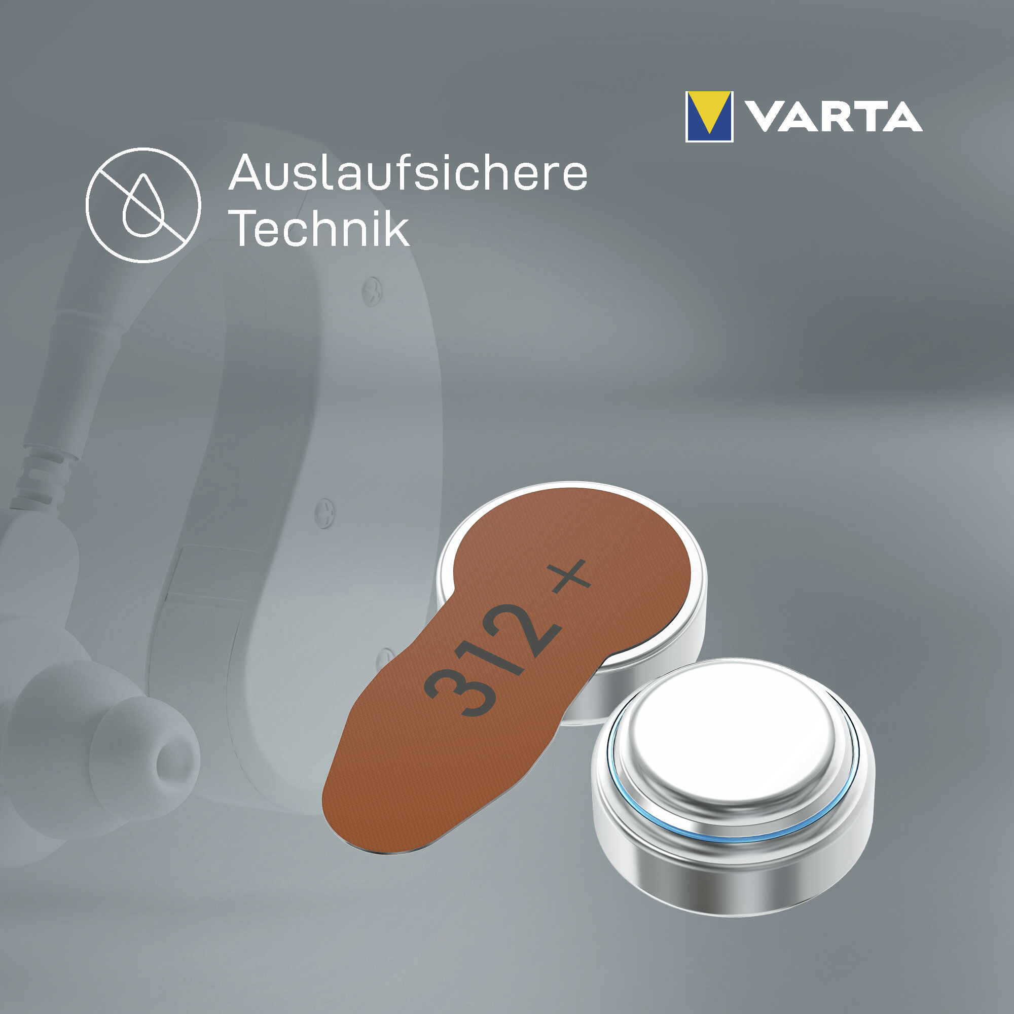 Varta Hörgerätebatterie 312 mit blauer Linie und Lasche vor grauen Hintergrund.