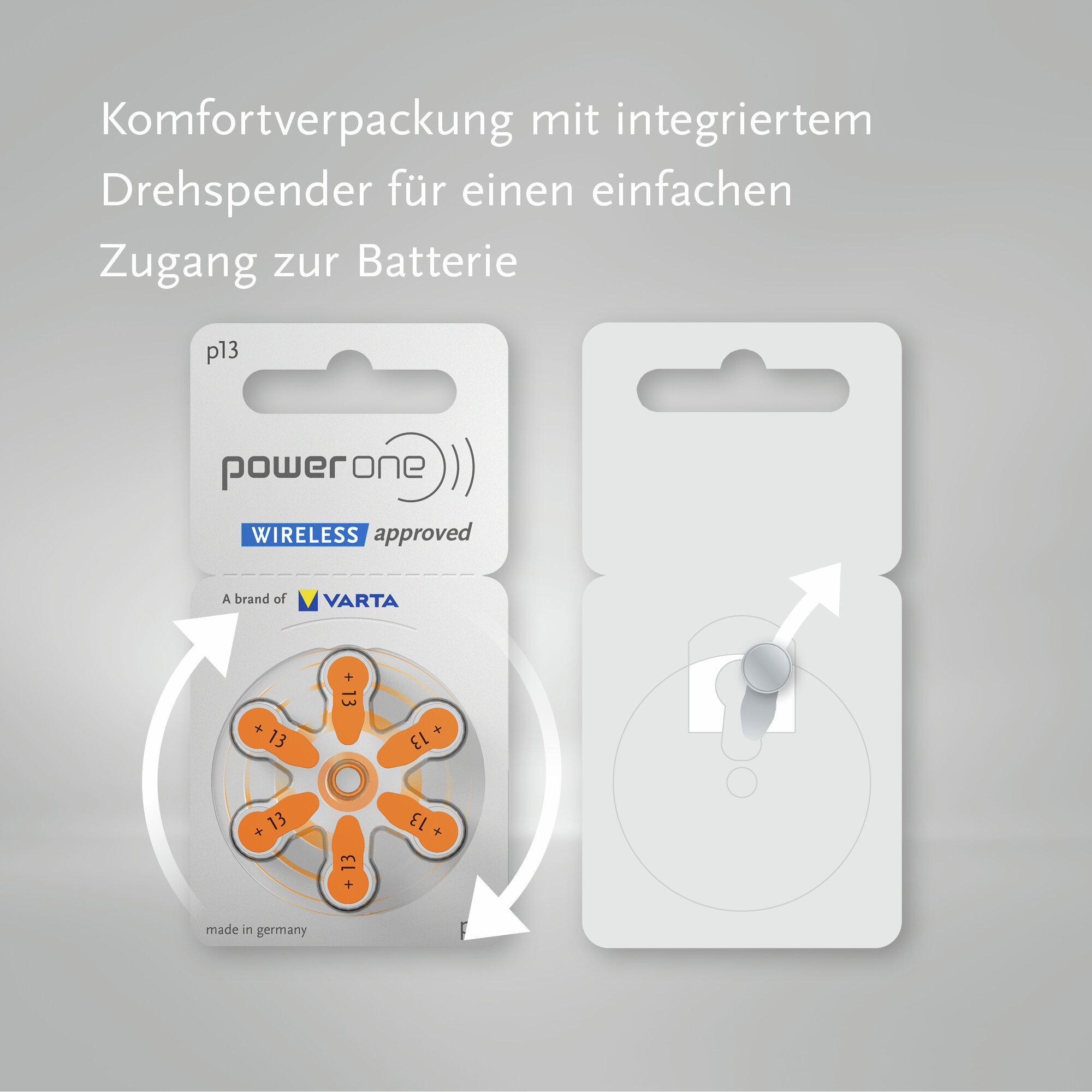 Power One Batteriepackung mit drehbarem Spender für einfachen Zugriff.