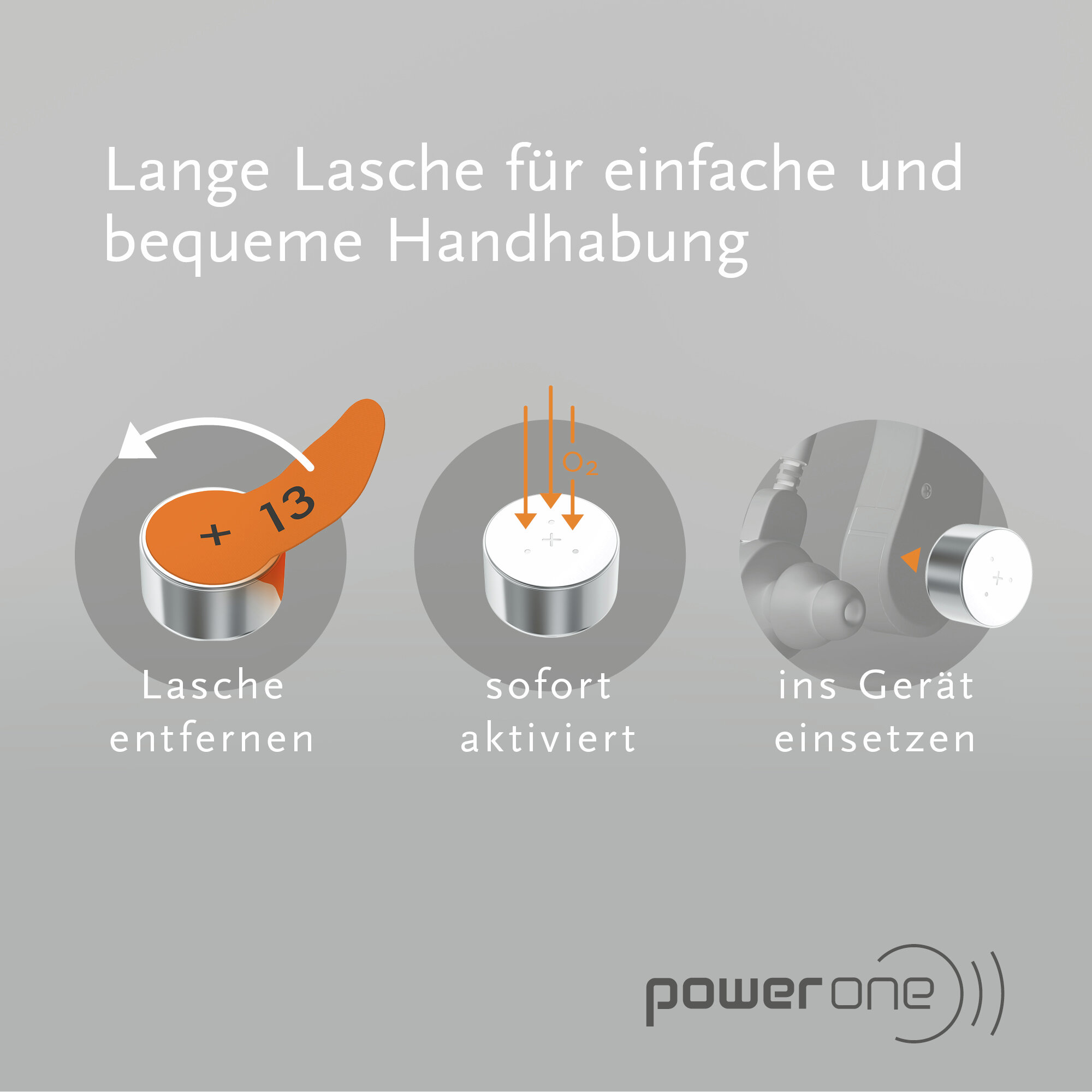 Anleitung zur Verwendung einer Hörgerätebatterie in drei Schritten auf grauem Hintergrund.