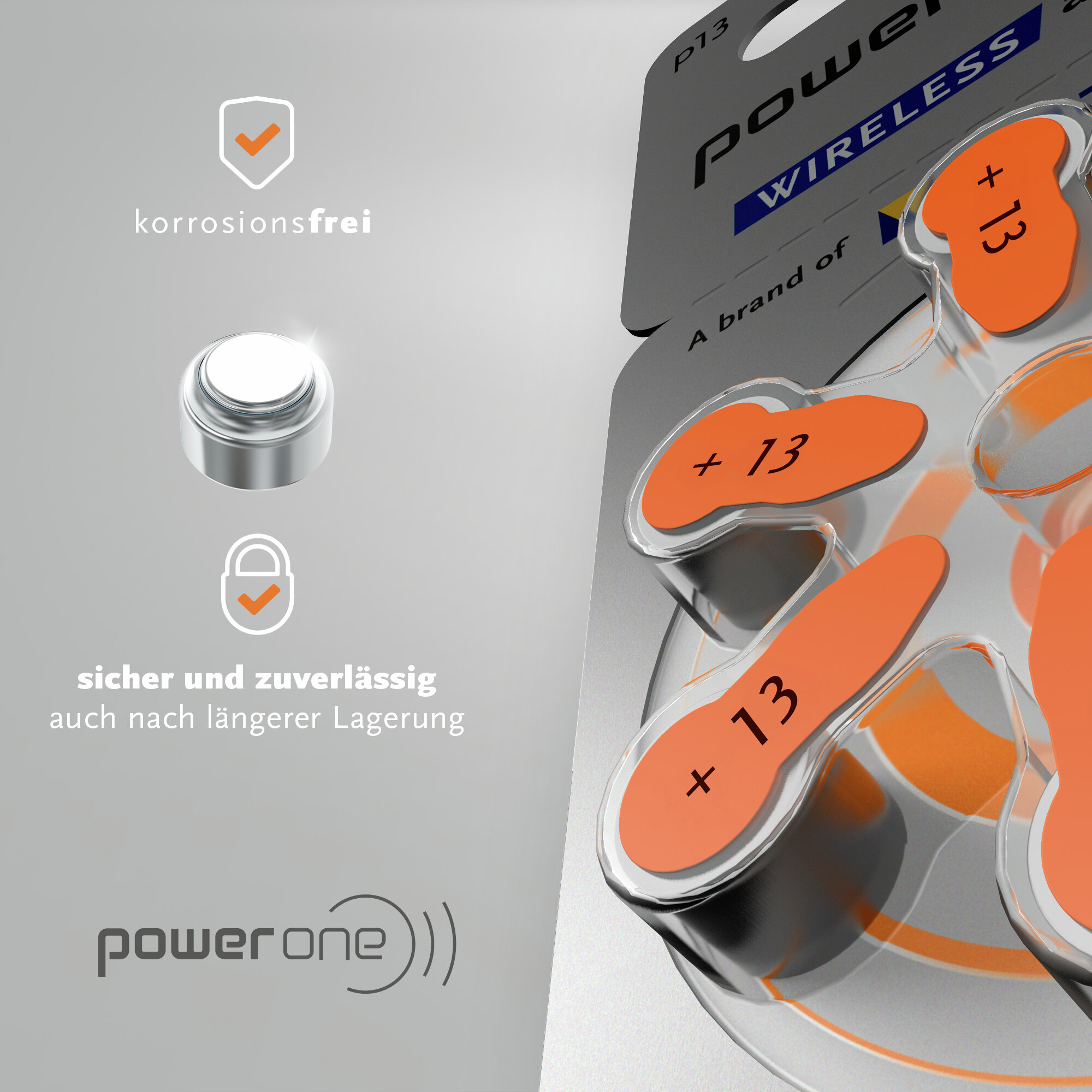 Powerone P13 Wireless-Batteriepack mit oranger Schutzfolie und einer einzelnen Zelle links.