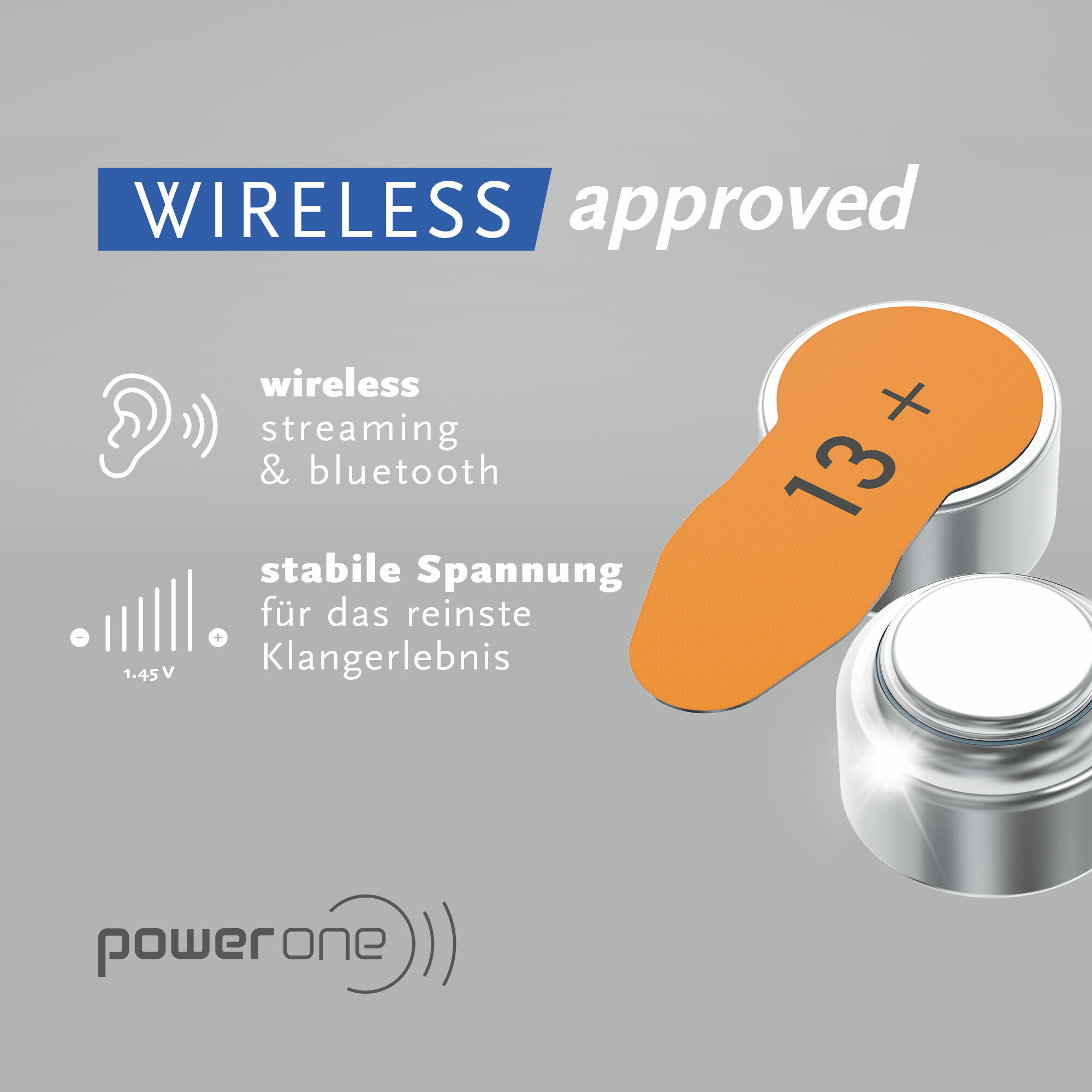Power One Hörgerätebatterie Typ 13 mit Bluetooth-Unterstützung für kabelloses Streaming.