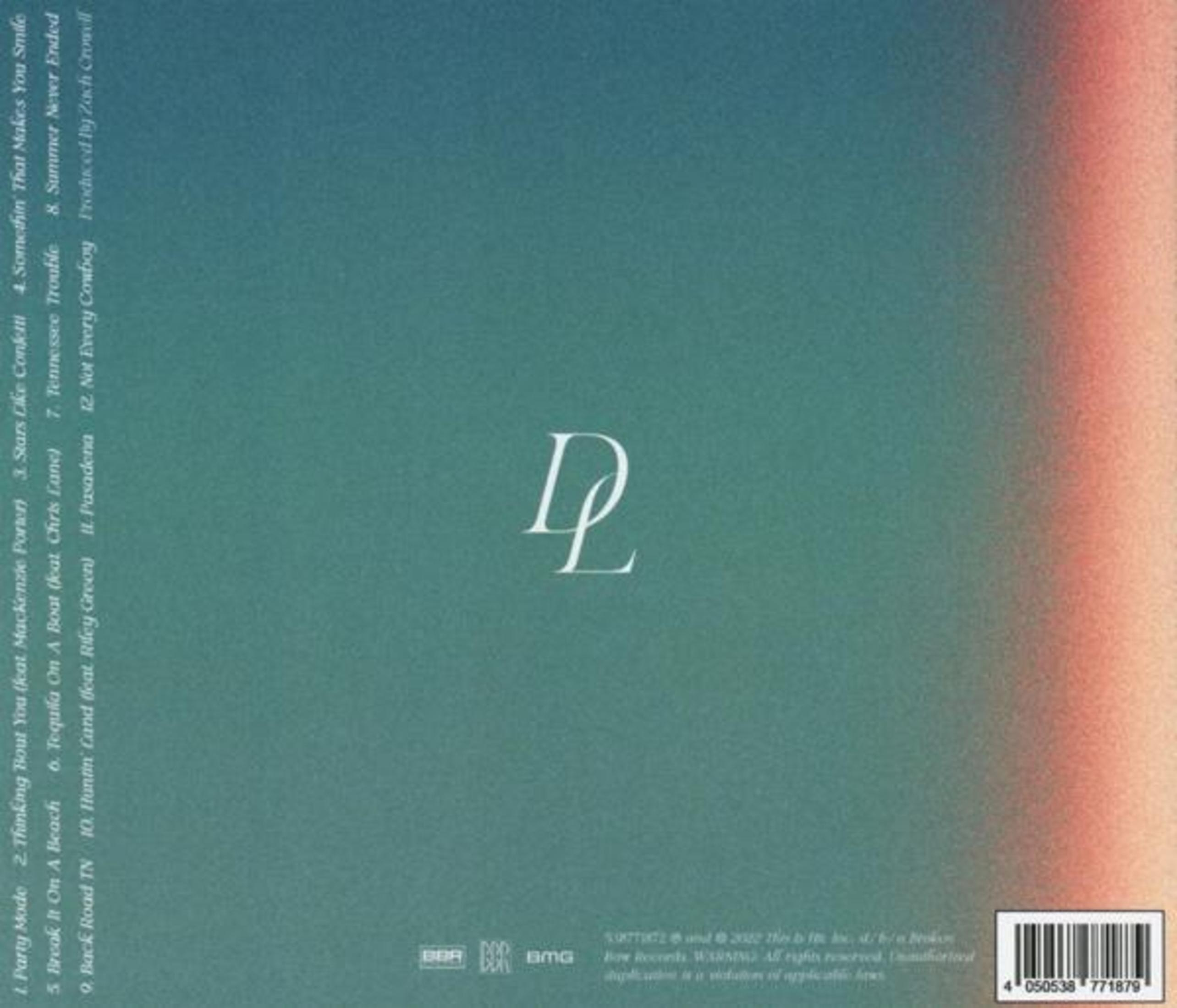 Albumcover mit grüner und oranger Farbverlauf, weißem Logo in der Mitte und Songtiteln links.