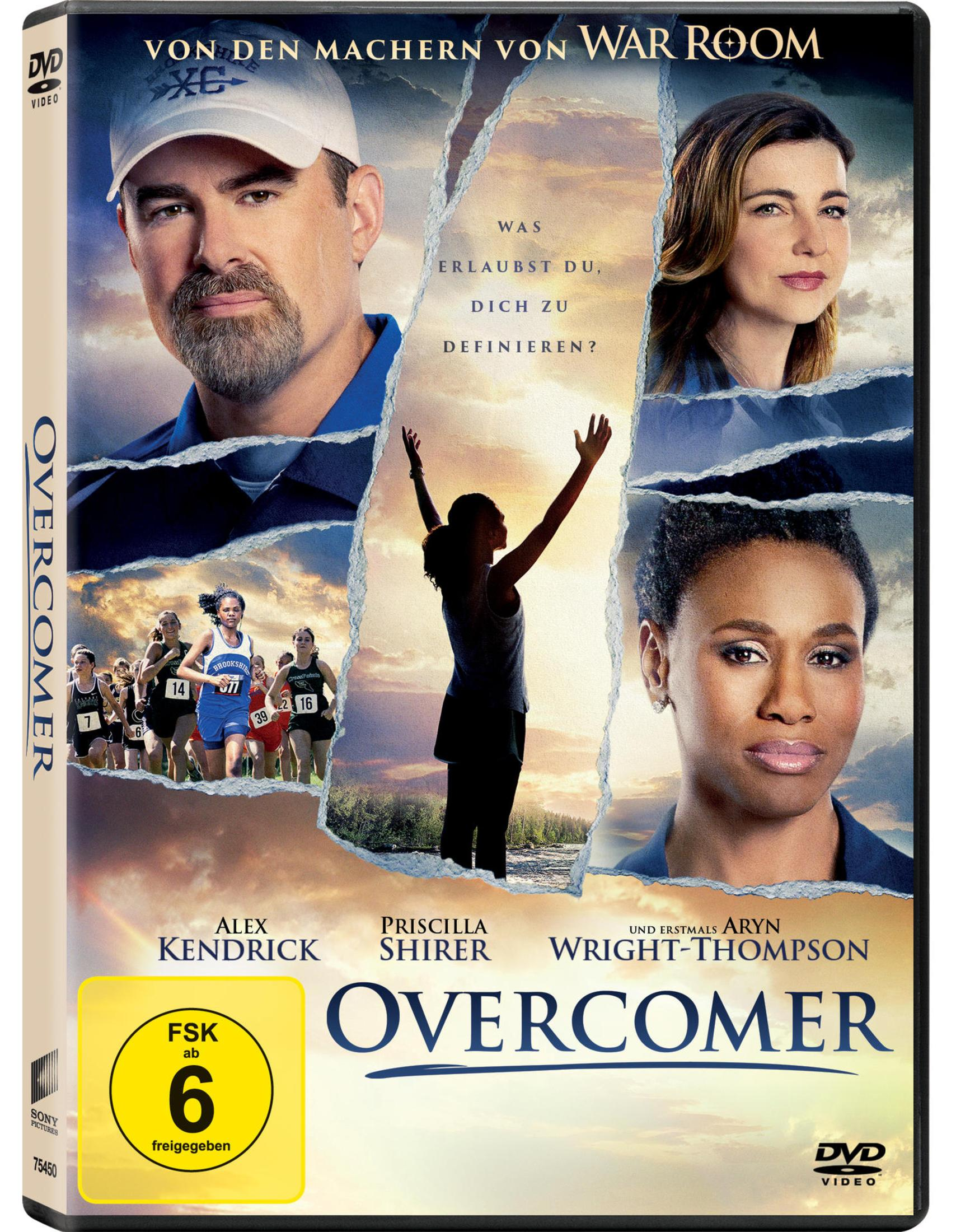 DVD-Cover von Overcomer mit den Hauptdarstellern, einer Sportlerin und der Silhouette einer Frau im Sonnenlicht.
