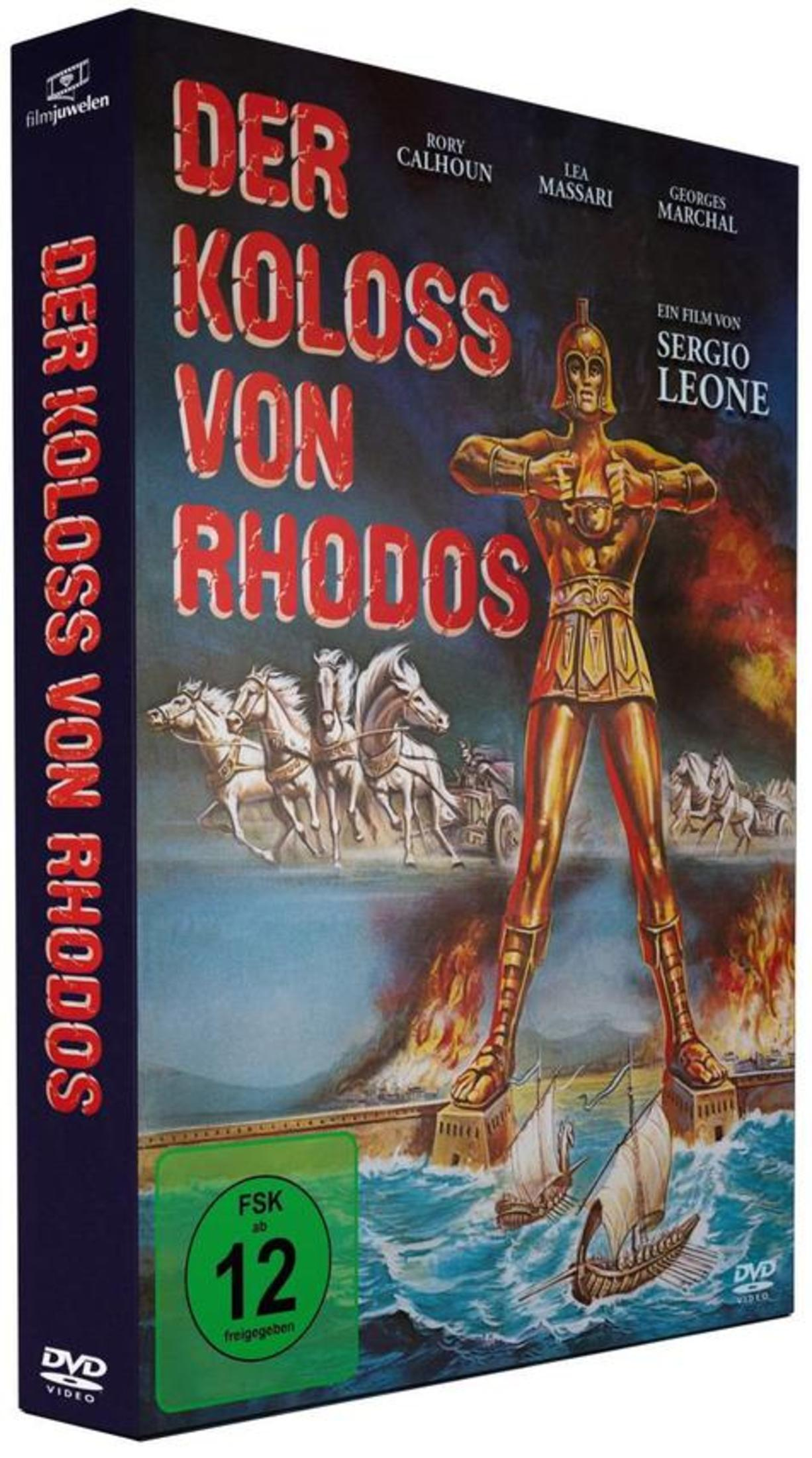 DVD-Cover von Der Koloss von Rhodos mit einer goldenen Riesenstatue, Streitwagen, Schiffen und Feuer.