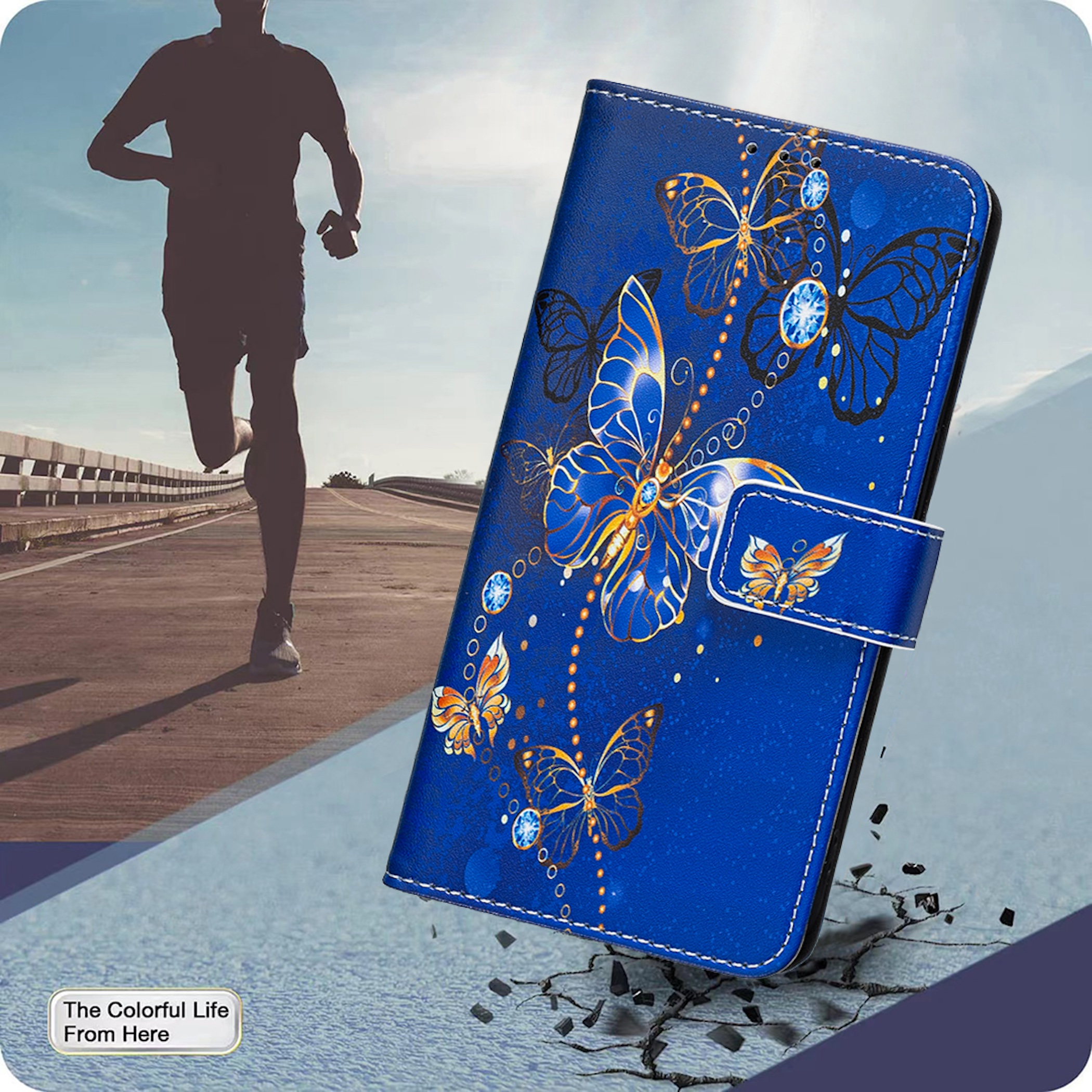 Blaue Handyhülle mit Schmetterlingen und Glitzersteinen vor einer Laufbahn mit Läufer und gebrochenem Boden.