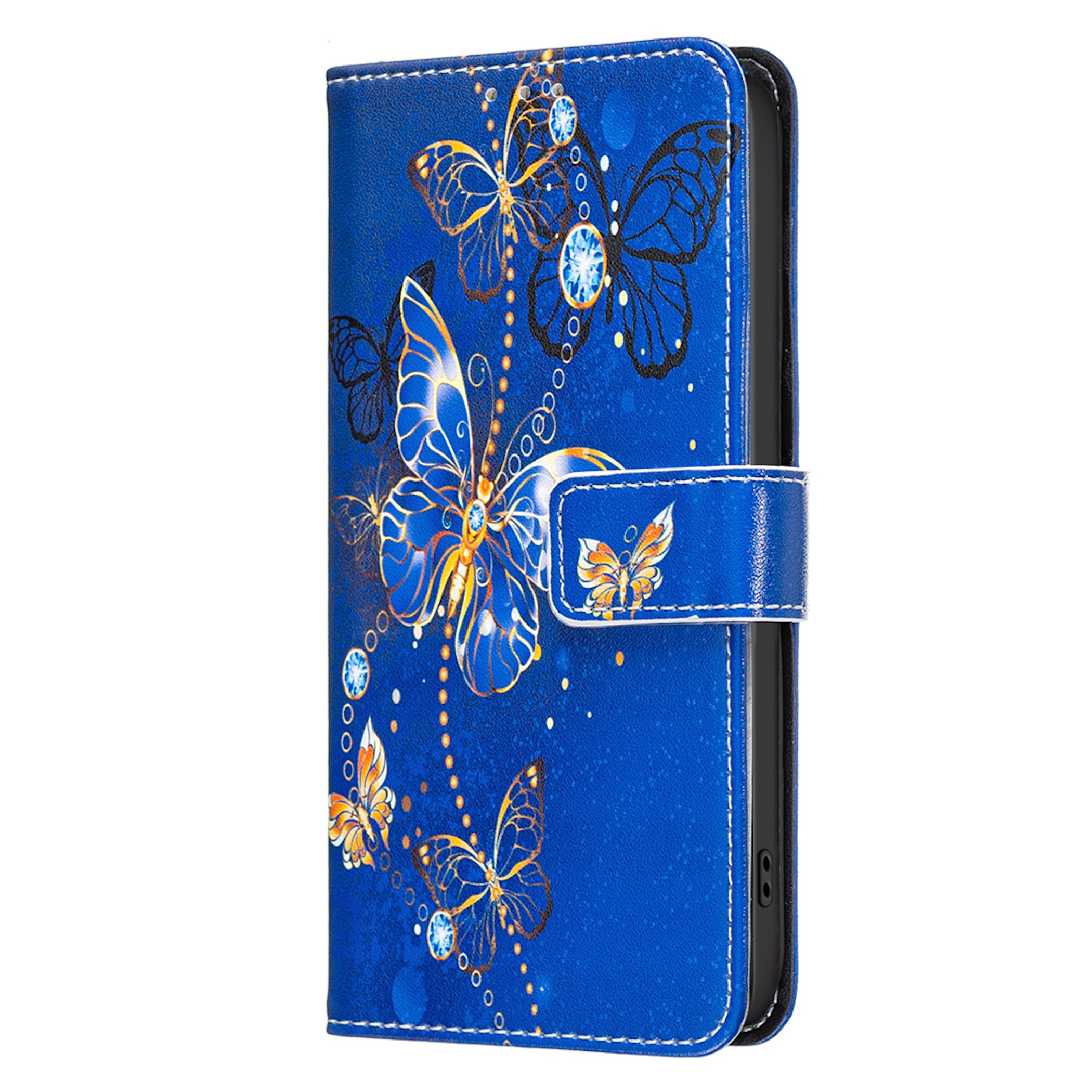 Eine blaue Handytasche aus Leder mit weißen Nähten, verziert mit goldenen Schmetterlingsmustern und Kristallen.