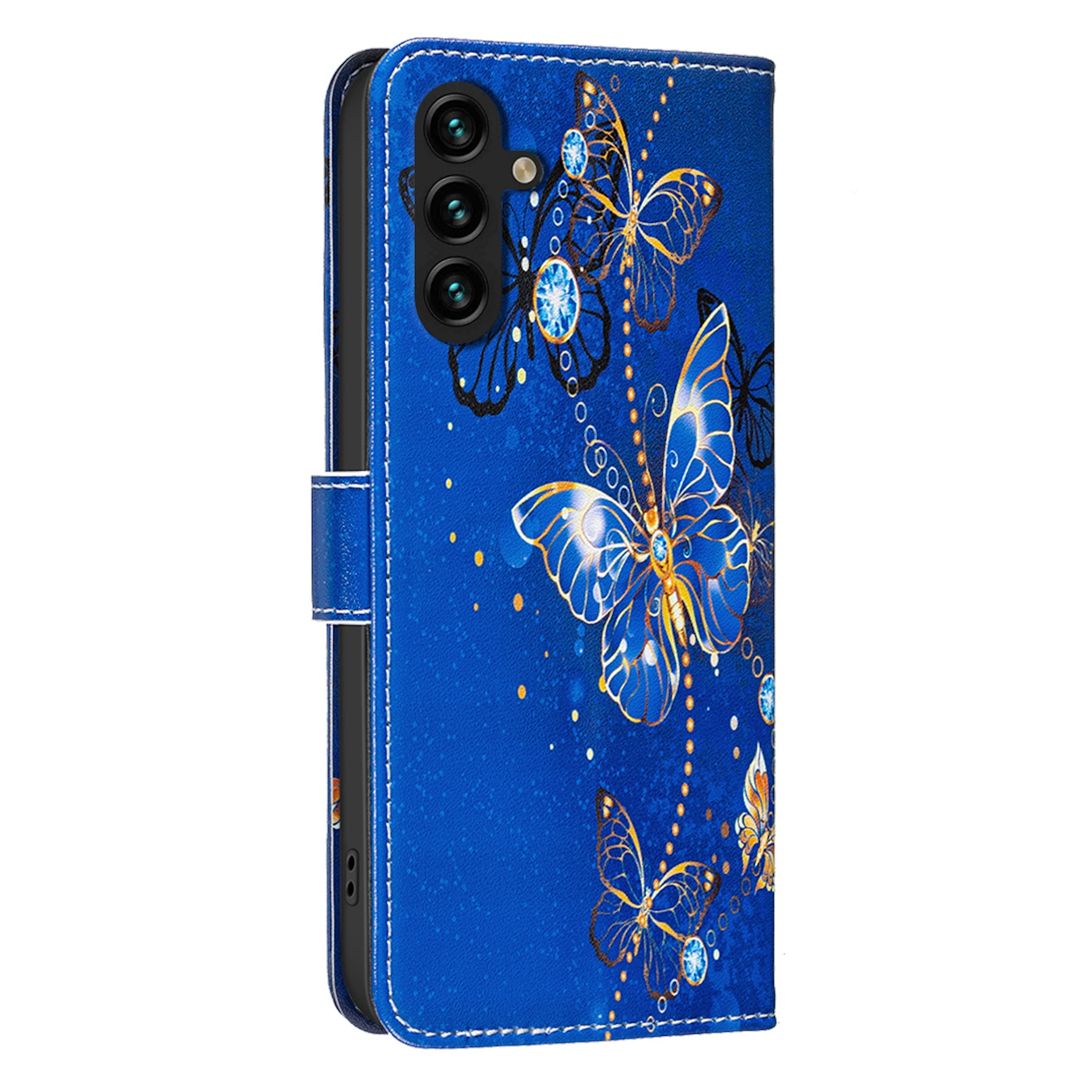 Blaue Leder-Handyhülle mit goldenen Schmetterlings- und Diamantmotiven.
