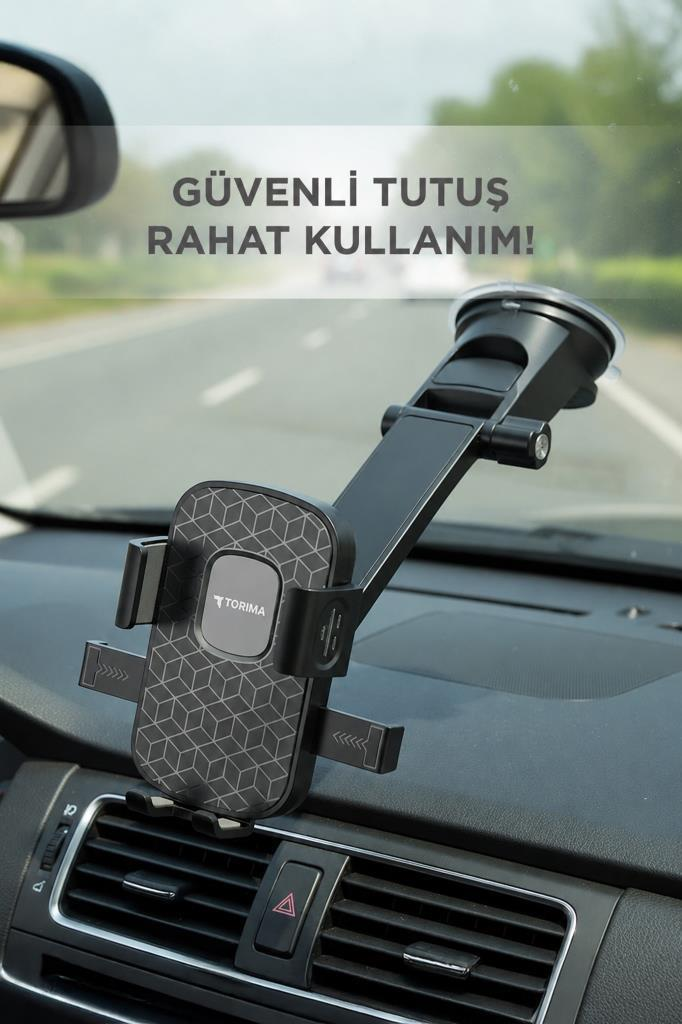 Toronun üzerinde, ön cama vantuzla tutturulmuş uzun kollu siyah bir telefon tutucu.