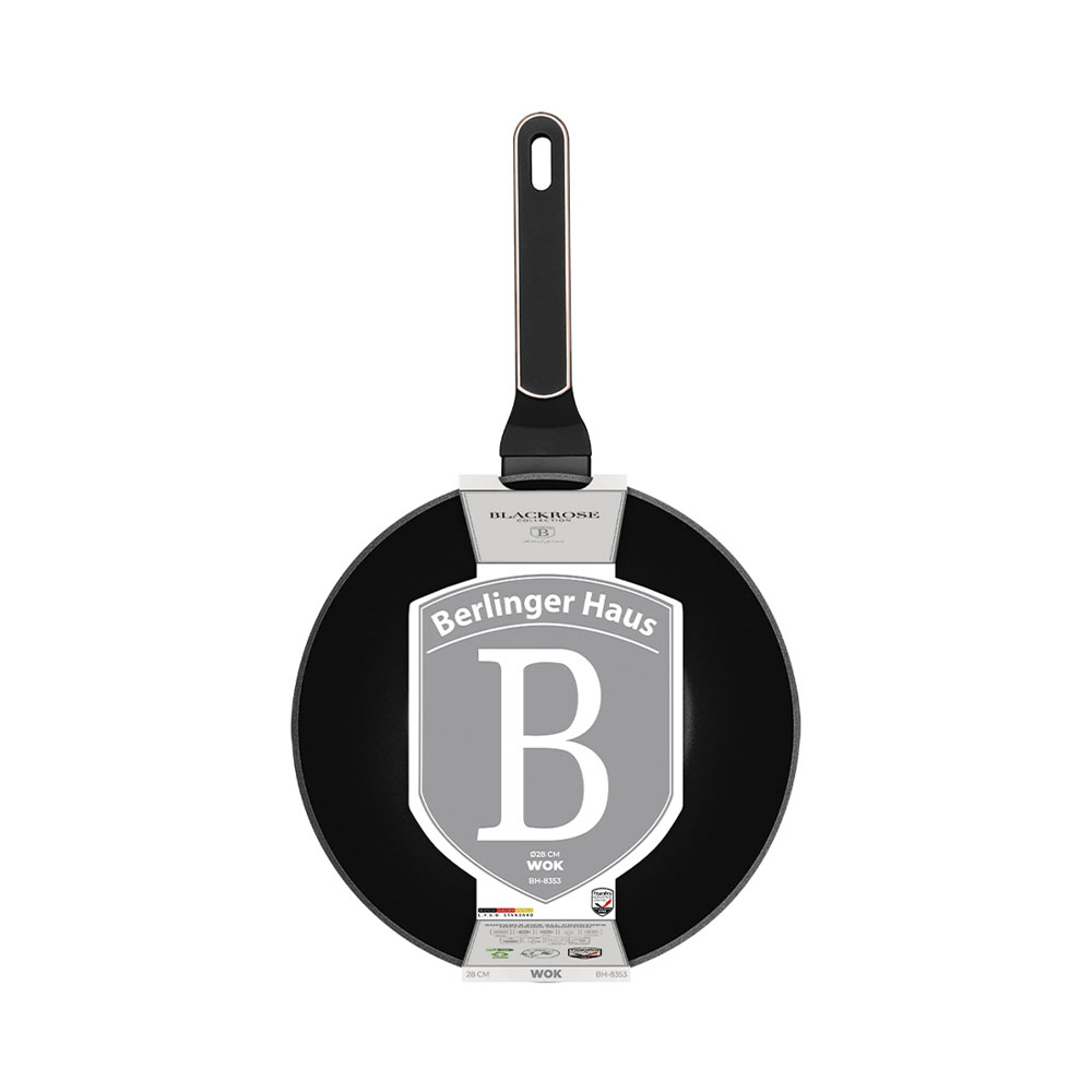 Eine schwarze Berlinger Haus Wok-Pfanne mit langem Griff und einer großen grau-weißen Produktmanschette.