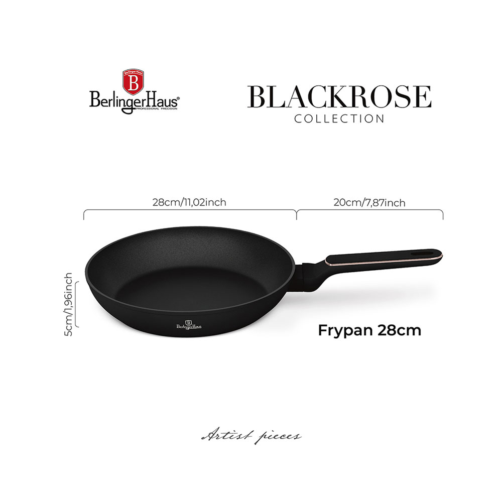 Schwarze 28cm Bratpfanne aus der Blackrose Kollektion mit Maßen und Markenlogo.