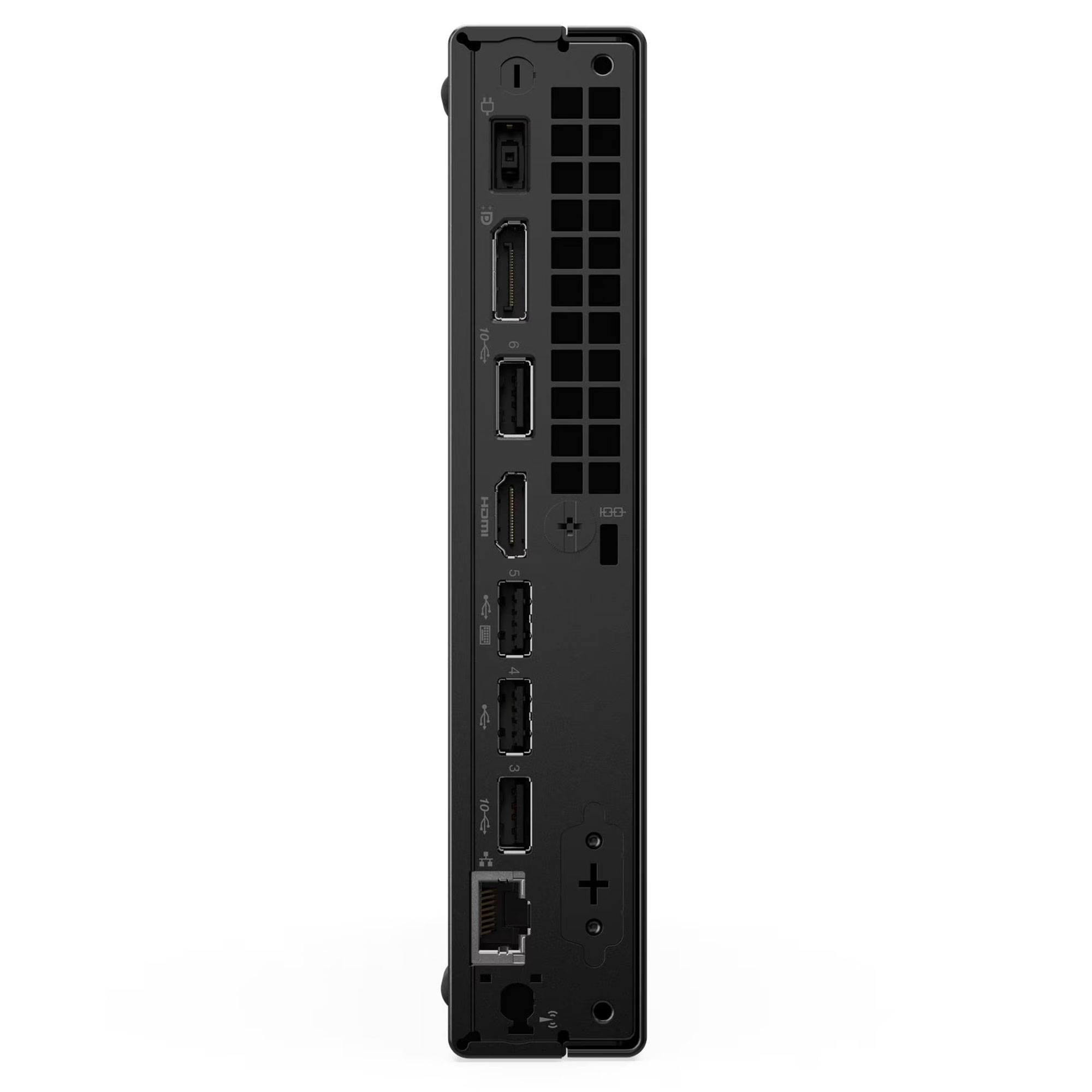 USB, HDMI, DisplayPort ve Ethernet dahil çeşitli bağlantı noktalarına sahip siyah bir mini PC'nin arka paneli.