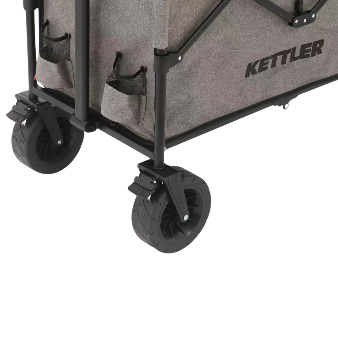 Grauer Kettler Bollerwagen mit schwarzem Metallgestell und großen Kunststoffrädern auf weißem Hintergrund.
