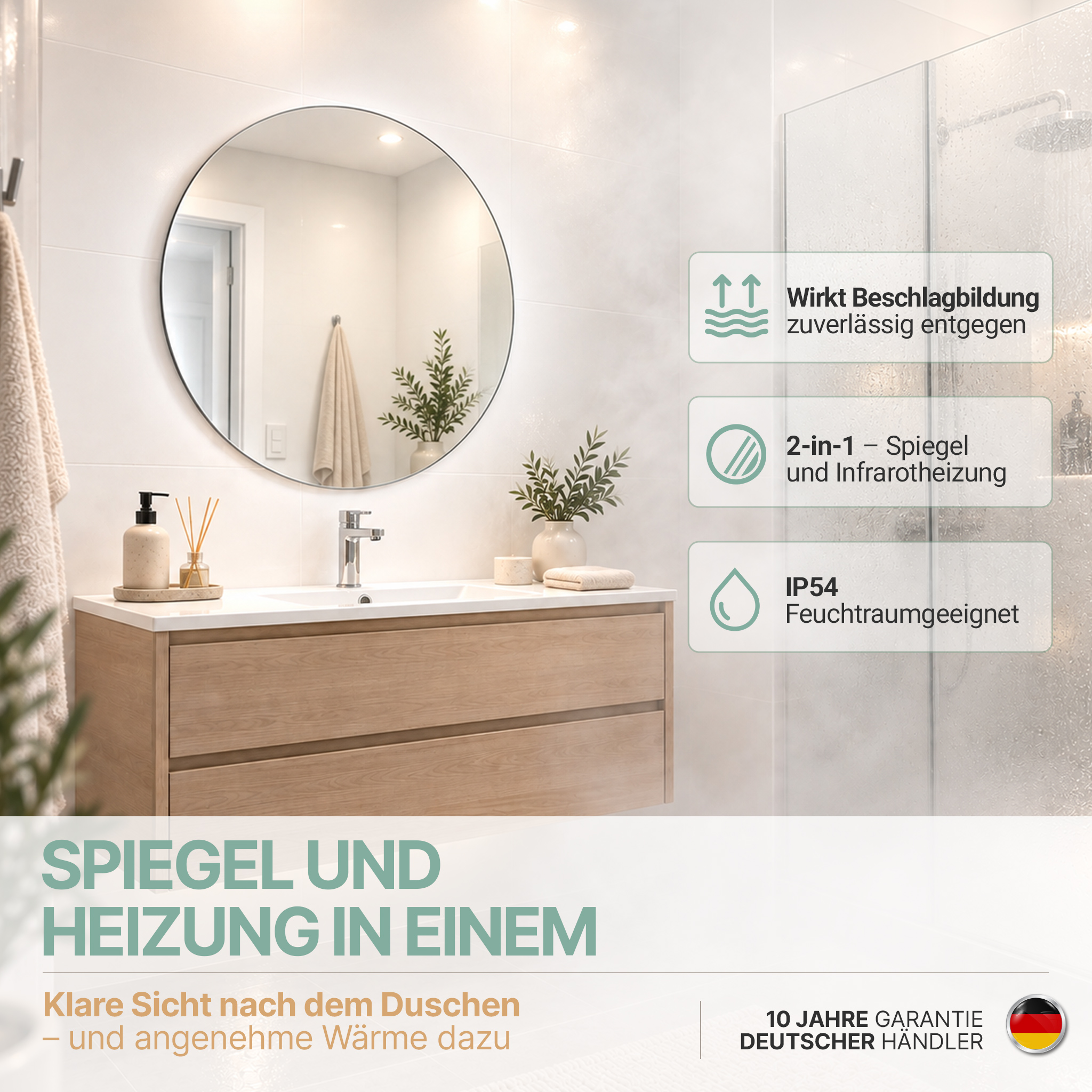 Beheizter runder Badezimmerspiegel über einem Holzwaschbecken, mit Textboxen zu Produktvorteilen.