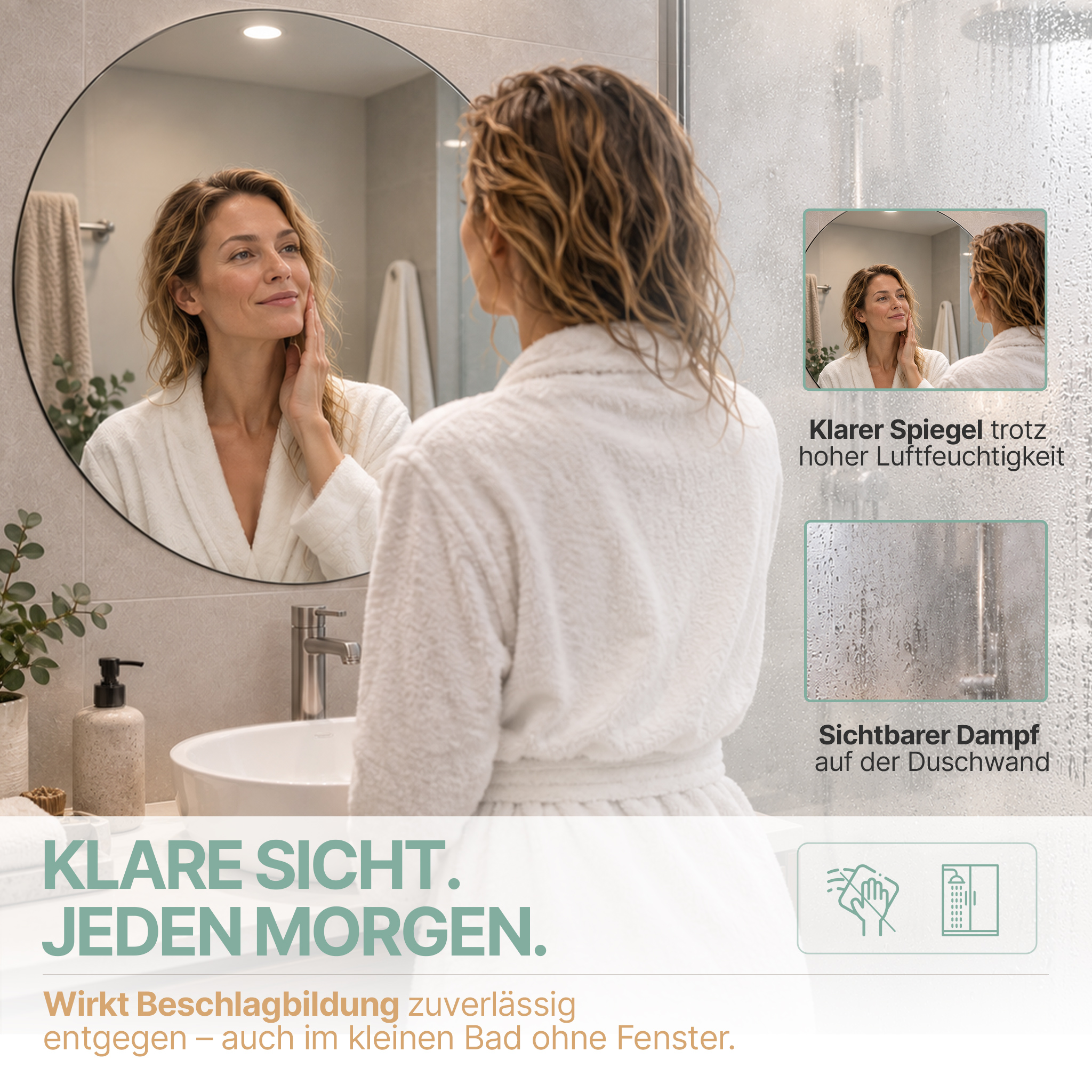 Eine Frau im Bademantel blickt in einen klaren Spiegel im Badezimmer, mit Vergleichsbildern rechts.