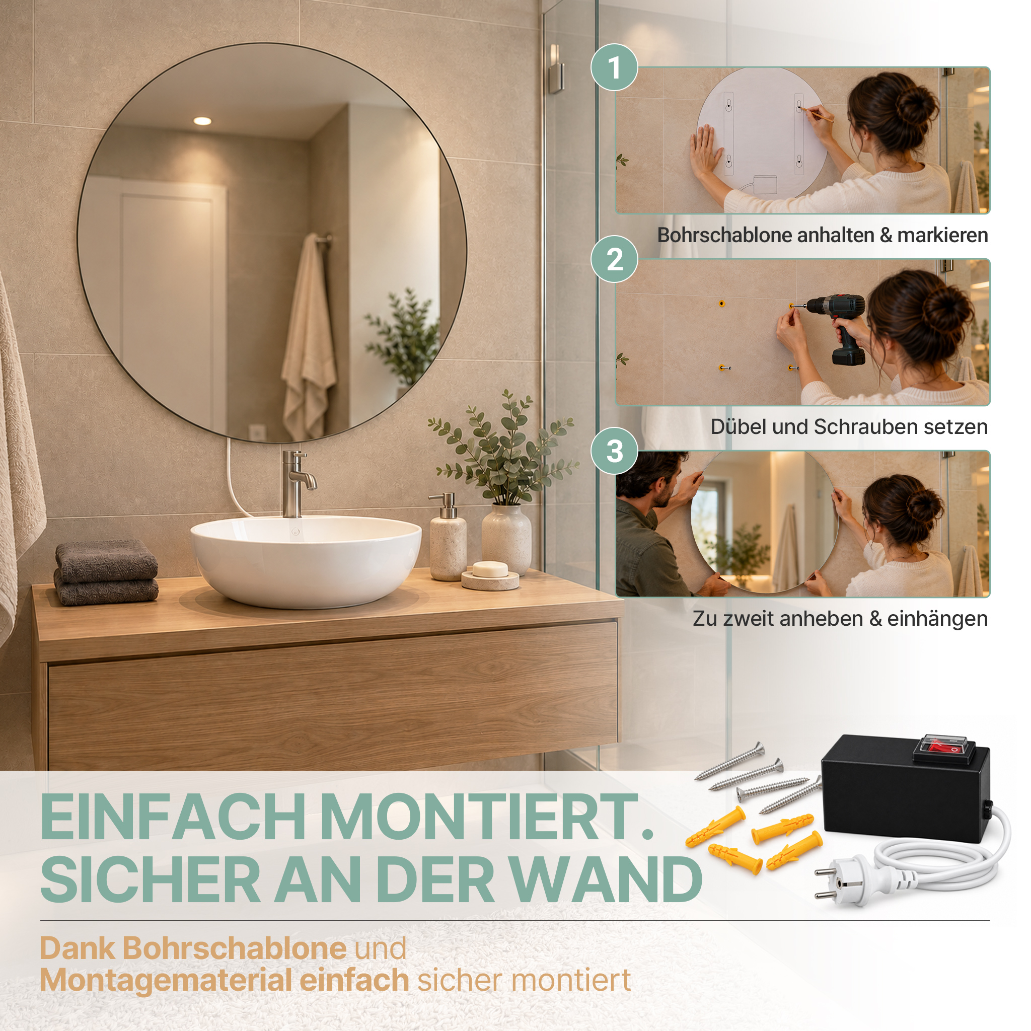 Anleitung zur Wandmontage eines runden Badezimmerspiegels in drei Schritten mit Schablone, Bohrungen und Aufhängung.