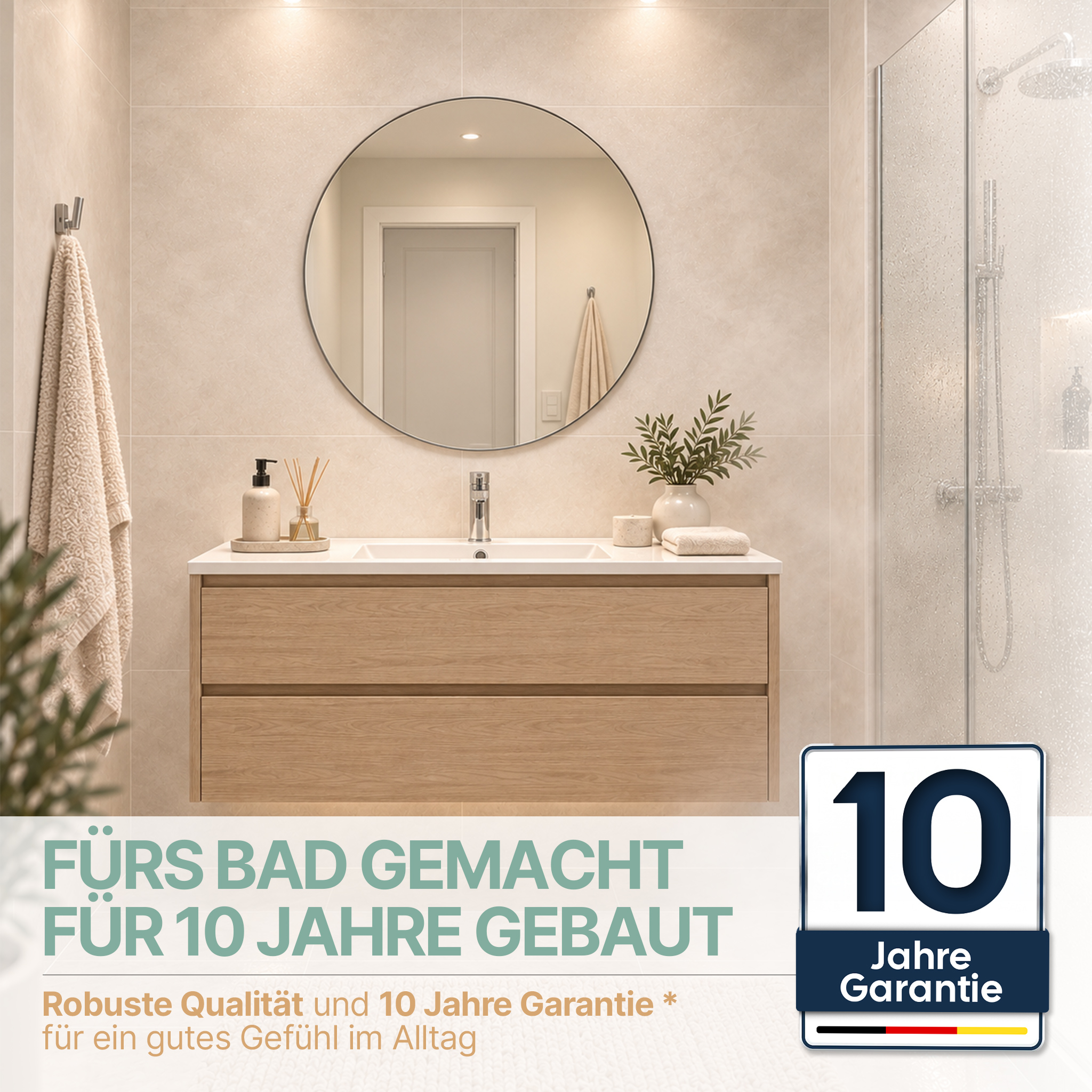 Modernes Badezimmer mit Waschtisch, rundem Spiegel und einer 10-Jahre-Garantie-Plakette.