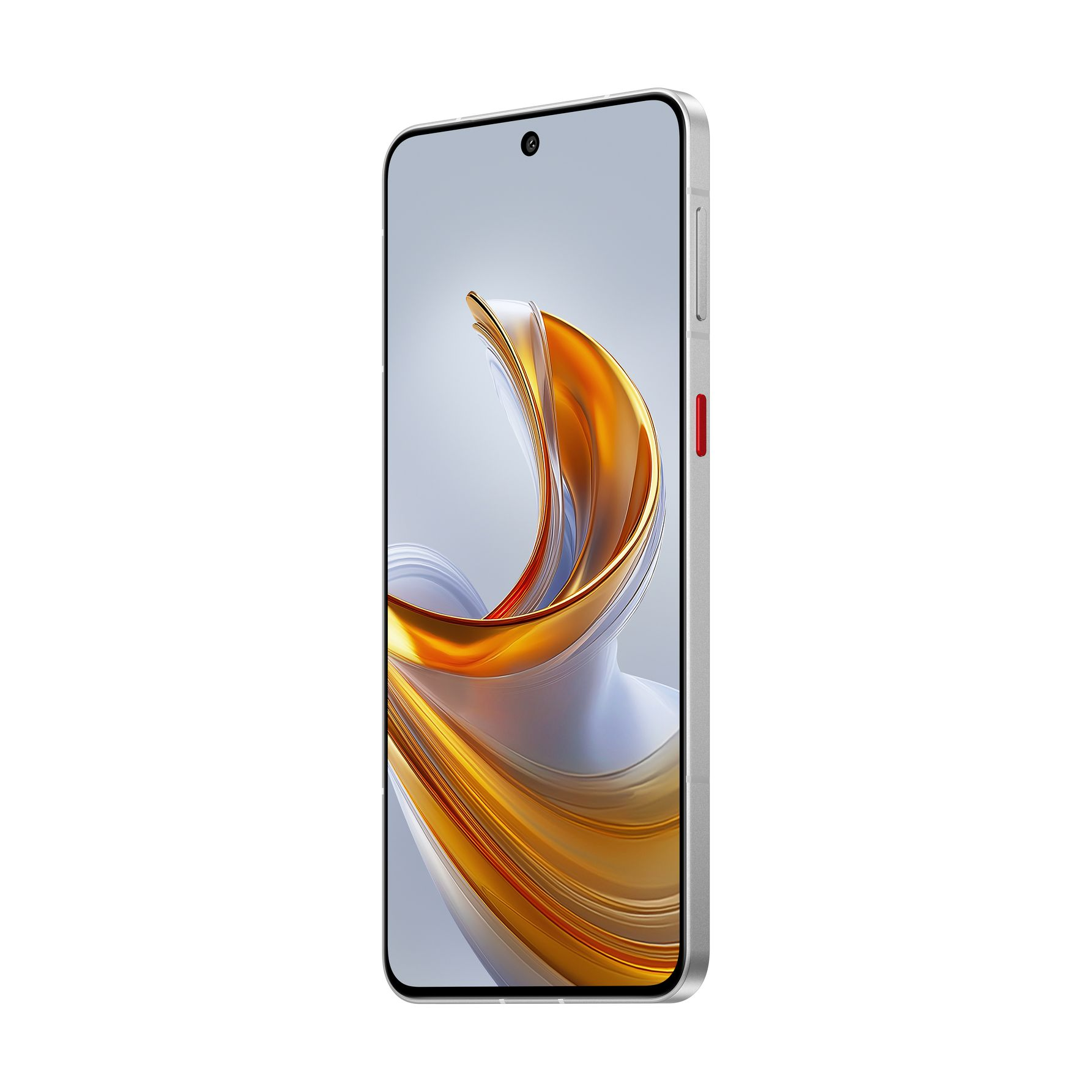Ein silbernes Smartphone mit weiß-goldenem abstrakten Wellen-Hintergrundbild.