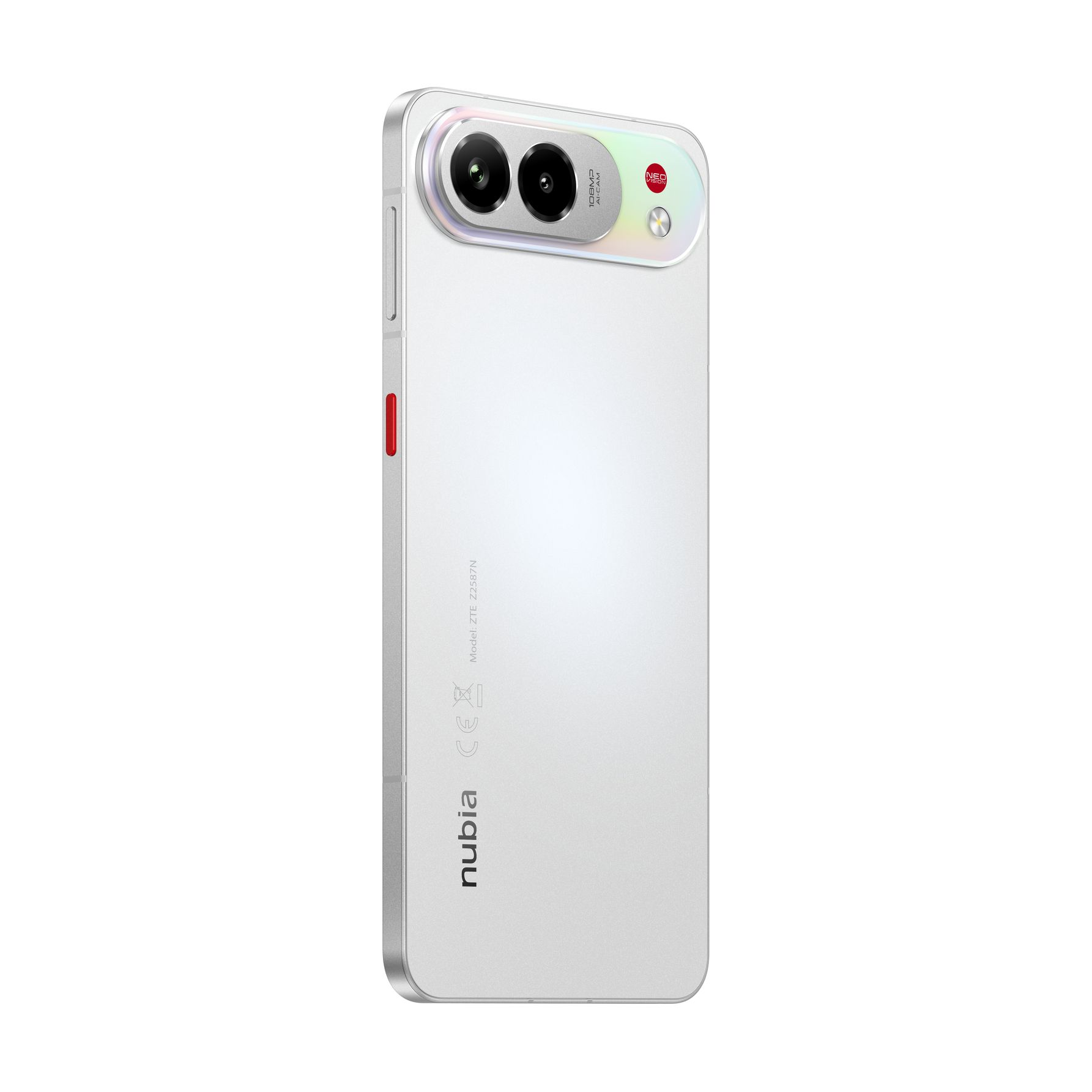 Rückseite eines silbernen Nubia-Smartphones mit zwei Kameralinsen und rotem Power-Button.