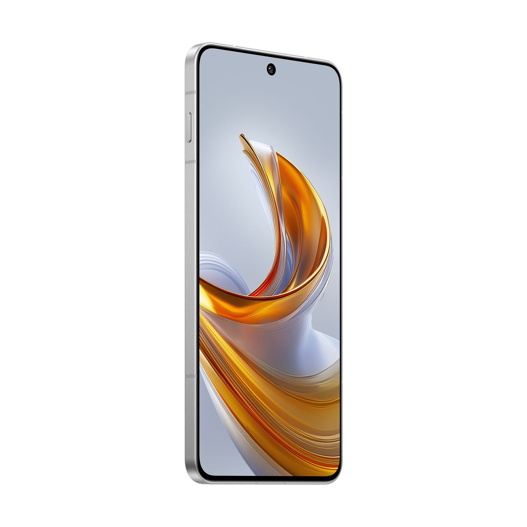 Ein silbernes Smartphone mit einem geschwungenen, orange-weißen abstrakten Hintergrundbild.