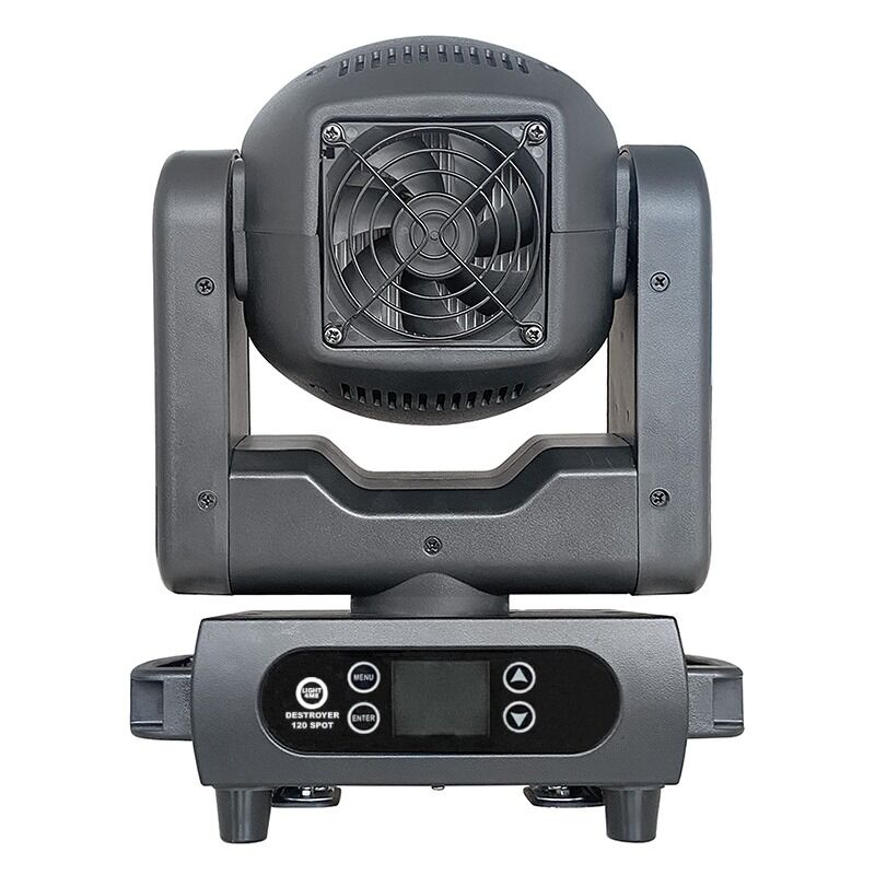 Ein grauer Moving-Head-Strahler mit integriertem Lüfter und LCD-Bedienfeld auf einer weißen Oberfläche.