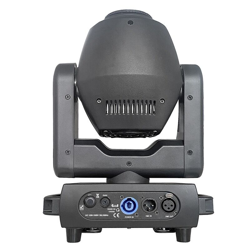 Schwarzes Moving-Head-Bühnenlicht mit verschiedenen Anschlüssen auf der Rückseite.