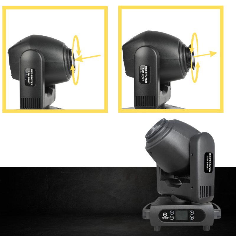 Schwarzer Destroyer 120 Spot Moving Head mit Fokusdiagramm und Steuerung.