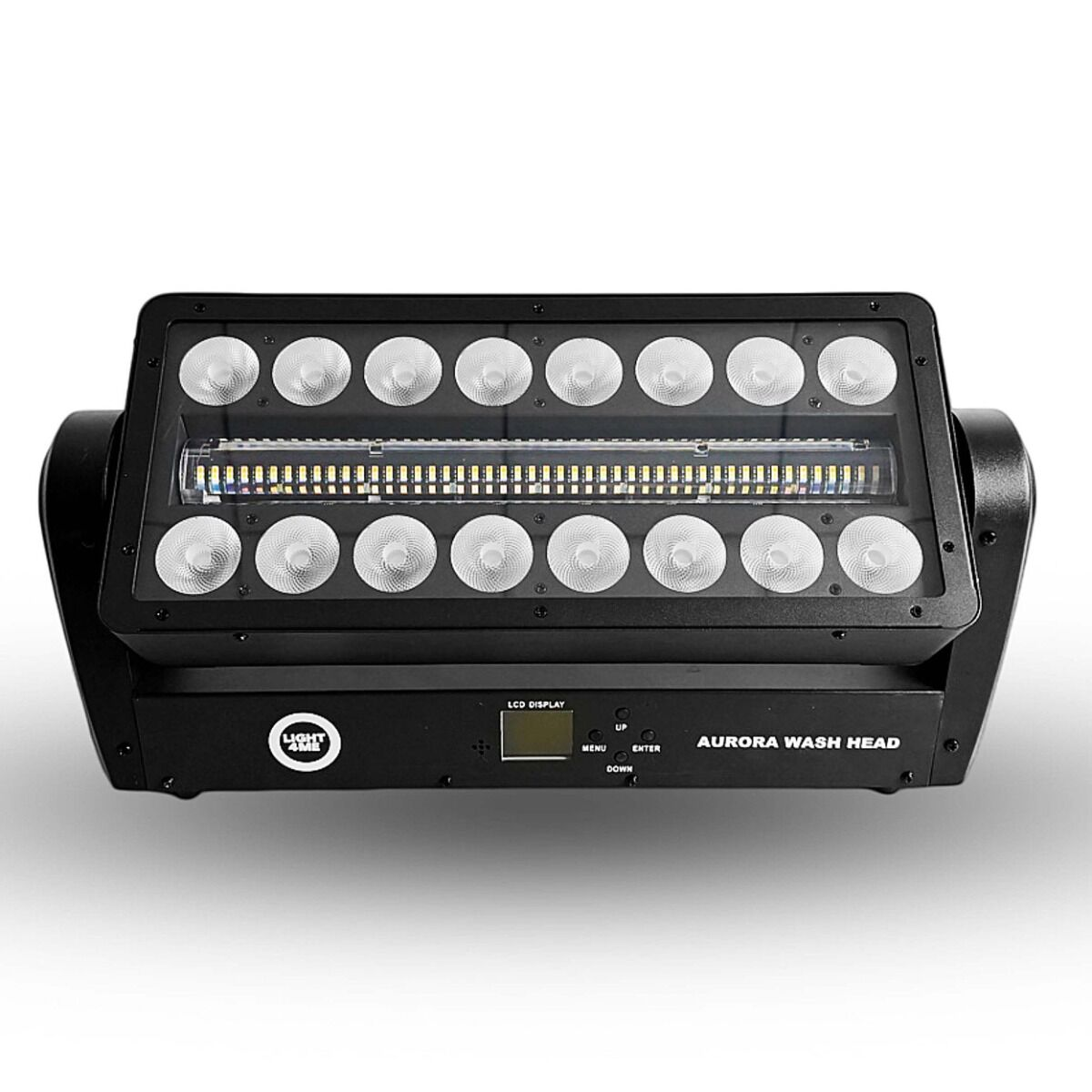 Schwarzer Aurora Wash Head Scheinwerfer mit zwei LED-Reihen und einem LED-Streifen in der Mitte vor weißem Hintergrund.