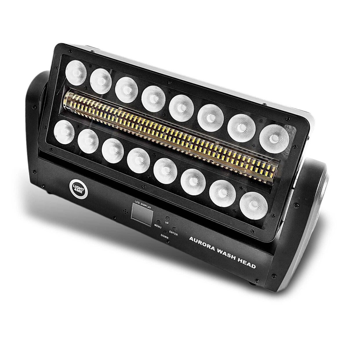 Aurora Wash Head LED-Scheinwerfer in Schwarz mit zwei Reihen Linsen und mittiger Röhre.