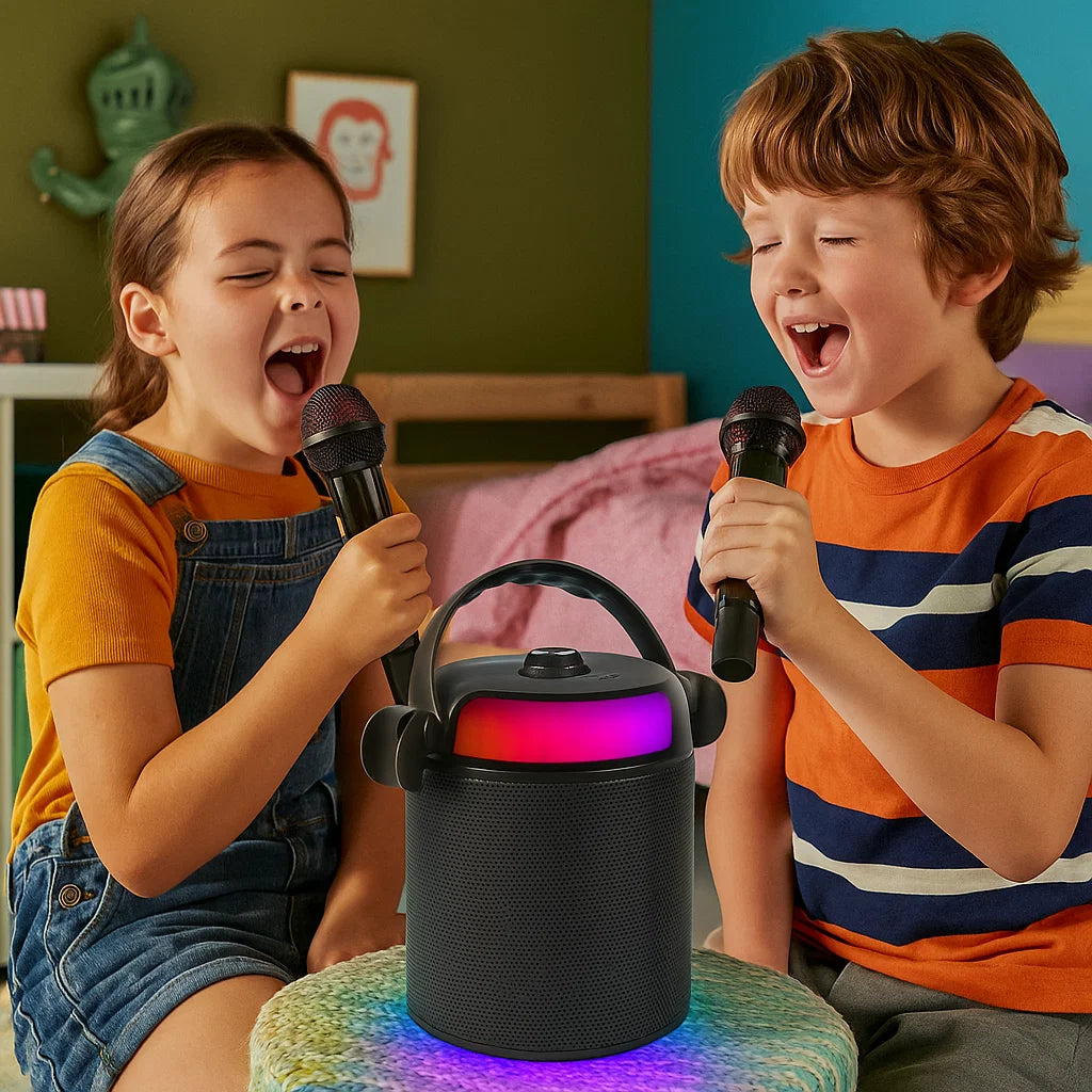 Zwei Kinder singen fröhlich in Mikrofone neben einer leuchtenden Karaoke-Maschine.