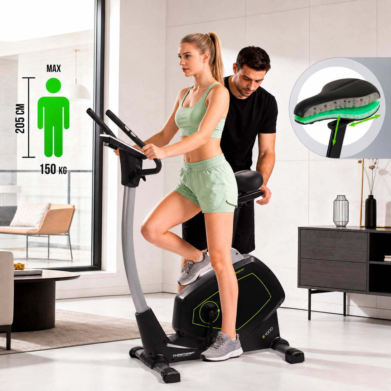 Eine Frau trainiert auf einem Heimtrainer, unterstützt von einem Mann, mit Satteldiagramm.