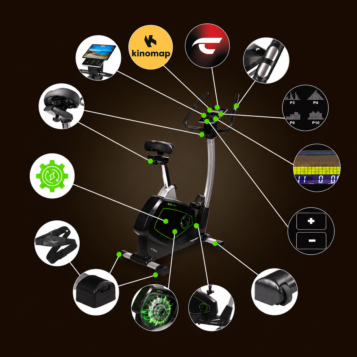 Heimtrainer mit Details wie Display, Sitz, Kinomap-Logo, Handpulssensoren und verstellbaren Widerstandsknöpfen.