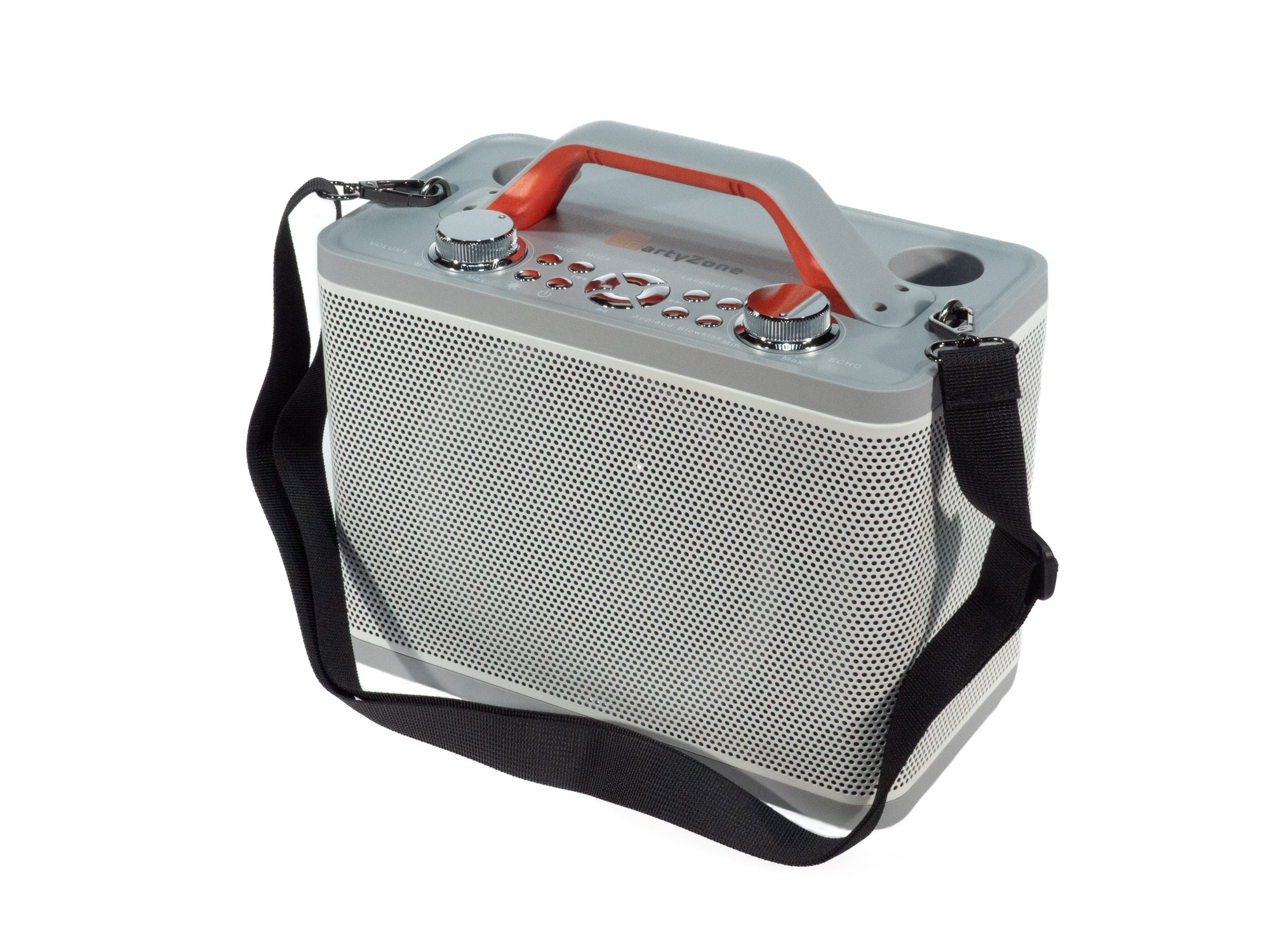 Ein grau-weißer tragbarer Partylautsprecher mit orangefarbenem Griff und schwarzem Gurt.