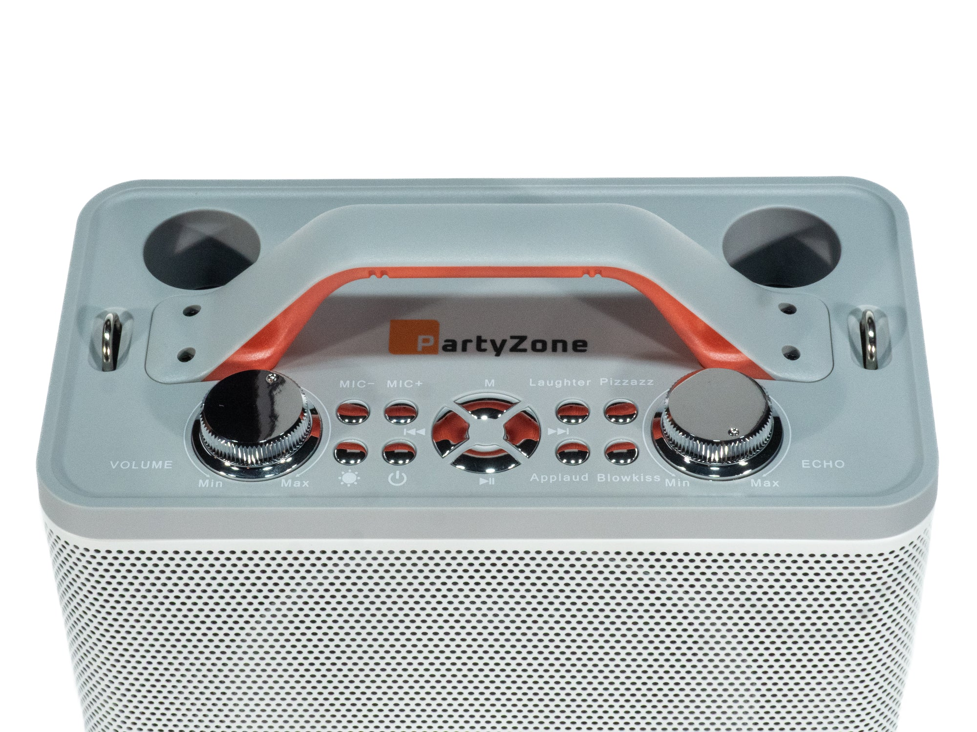 Grauer PartyZone Bluetooth-Lautsprecher mit Tragegriff und chromfarbenen Reglern auf weißem Hintergrund.