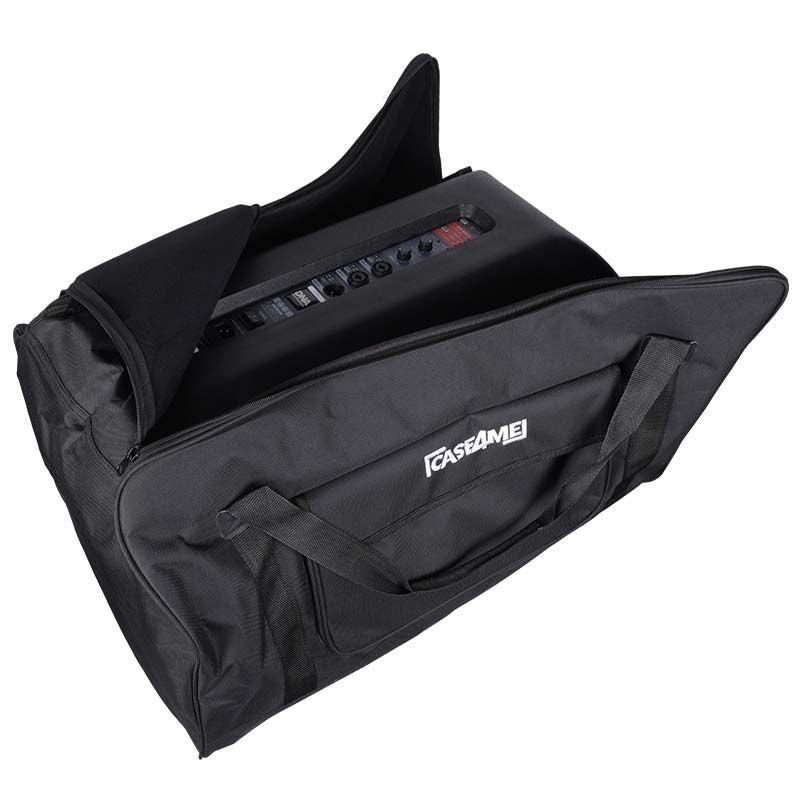 Eine schwarze, gepolsterte Tasche ist teilweise geöffnet und zeigt einen Audioverstärker.
