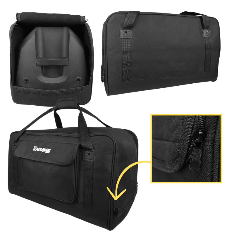 Schwarze Lautsprechertasche mit Tragegriffen, Reißverschluss und offenem Fach mit Lautsprecher.