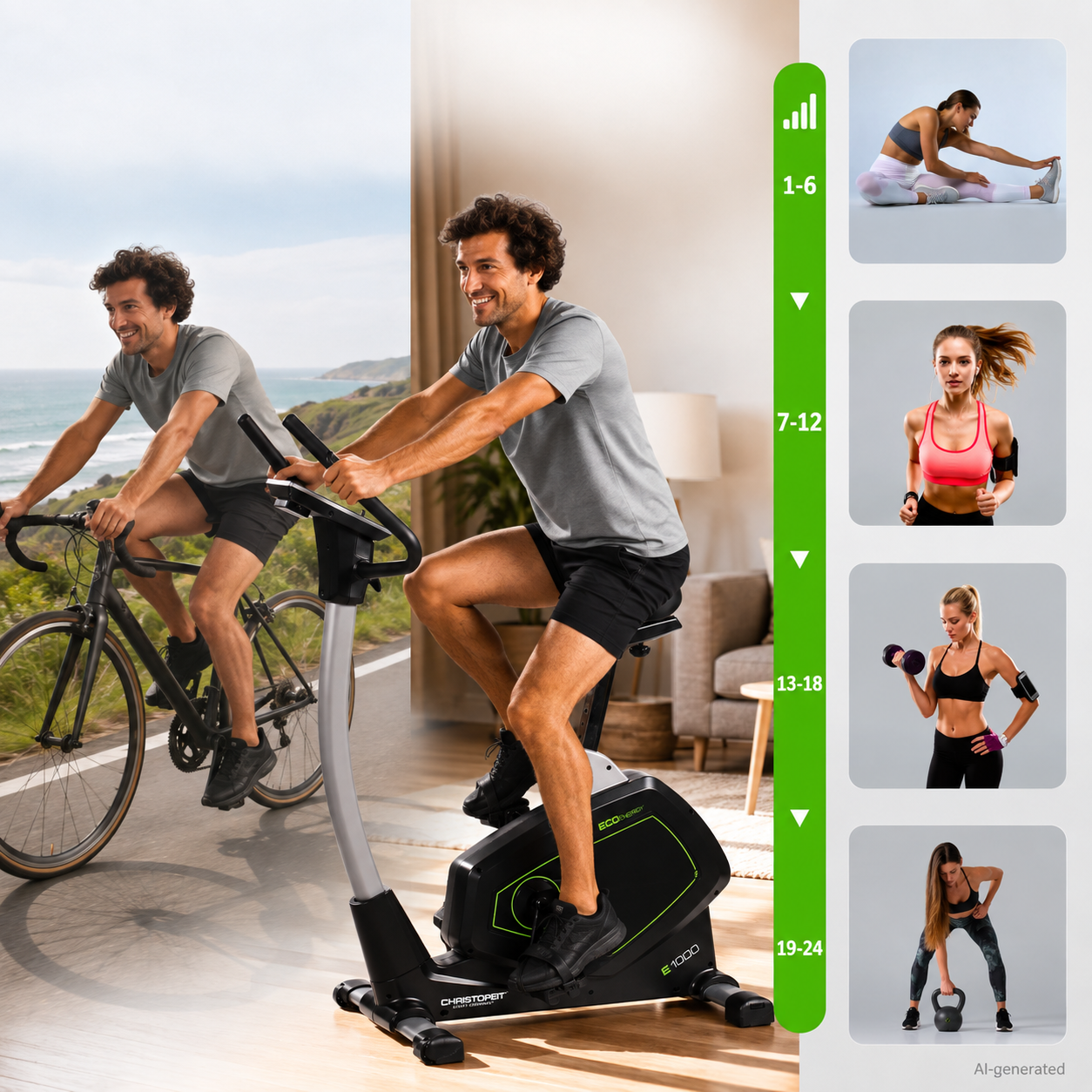 Ein Mann trainiert auf einem Heimtrainer indoor, während im Split-Screen ein Mann draußen Rad fährt.
