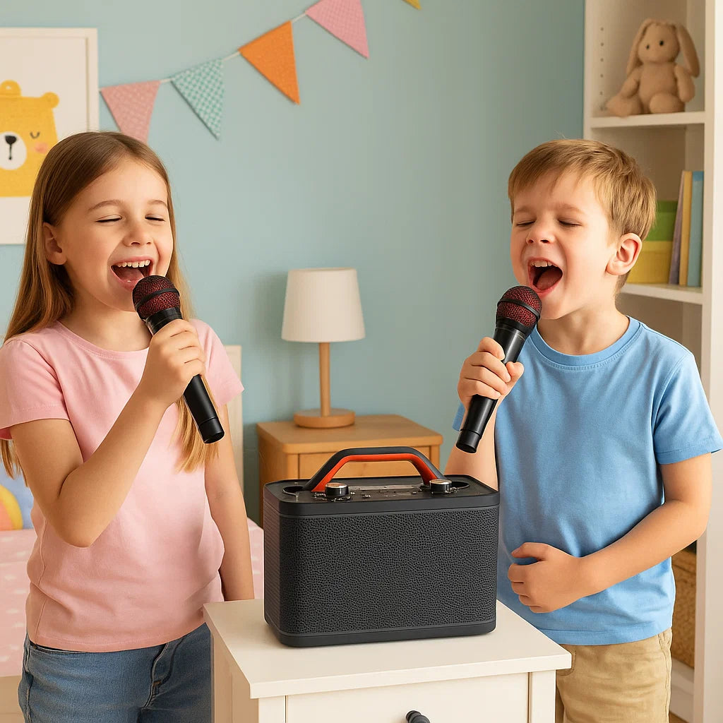Ein junges Mädchen und ein Junge singen glücklich mit Mikrofonen vor einer blauen Wand.