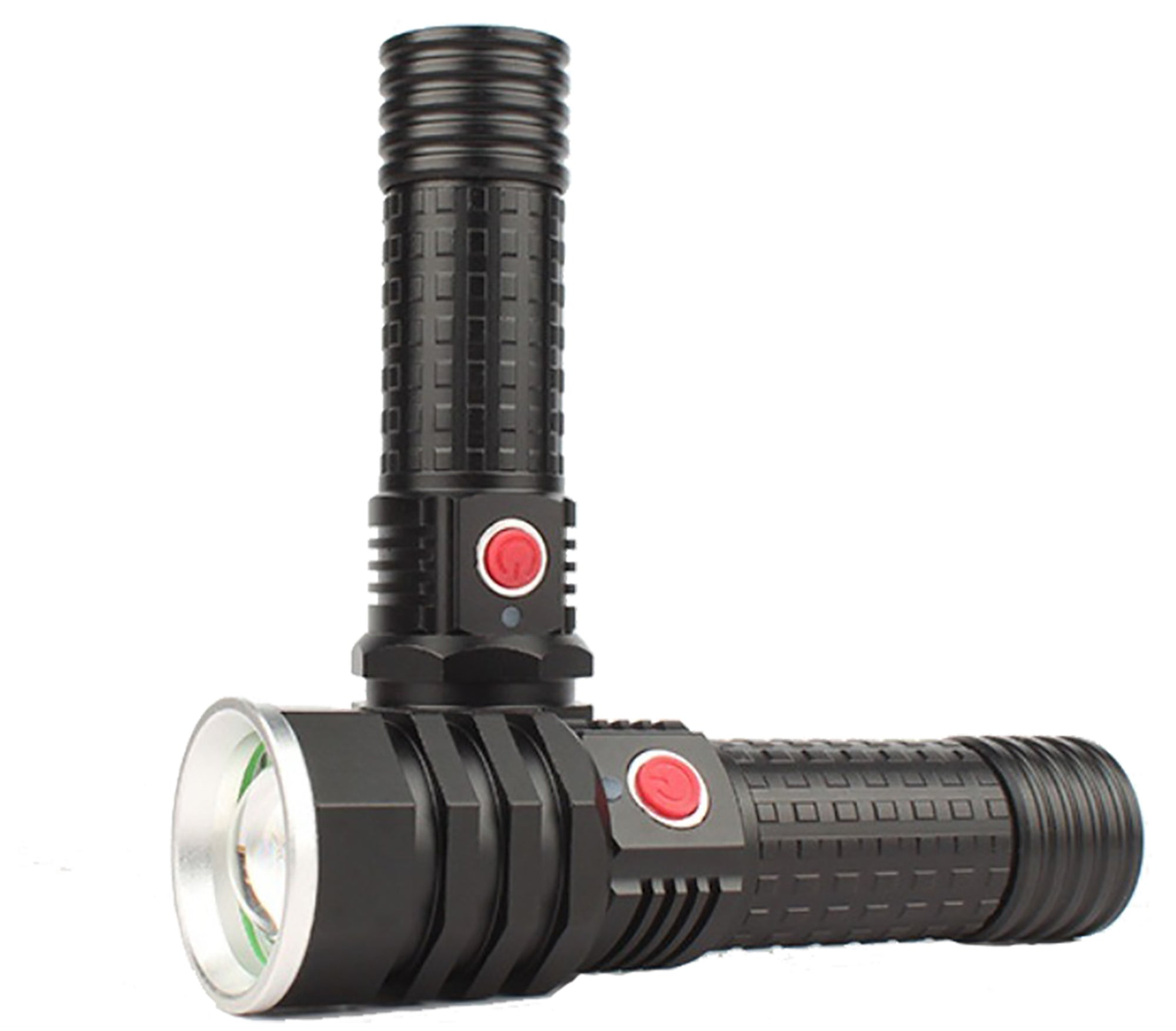 Zwei schwarze Metalltaschenlampen mit roten Einschalttasten vor weißem Hintergrund.