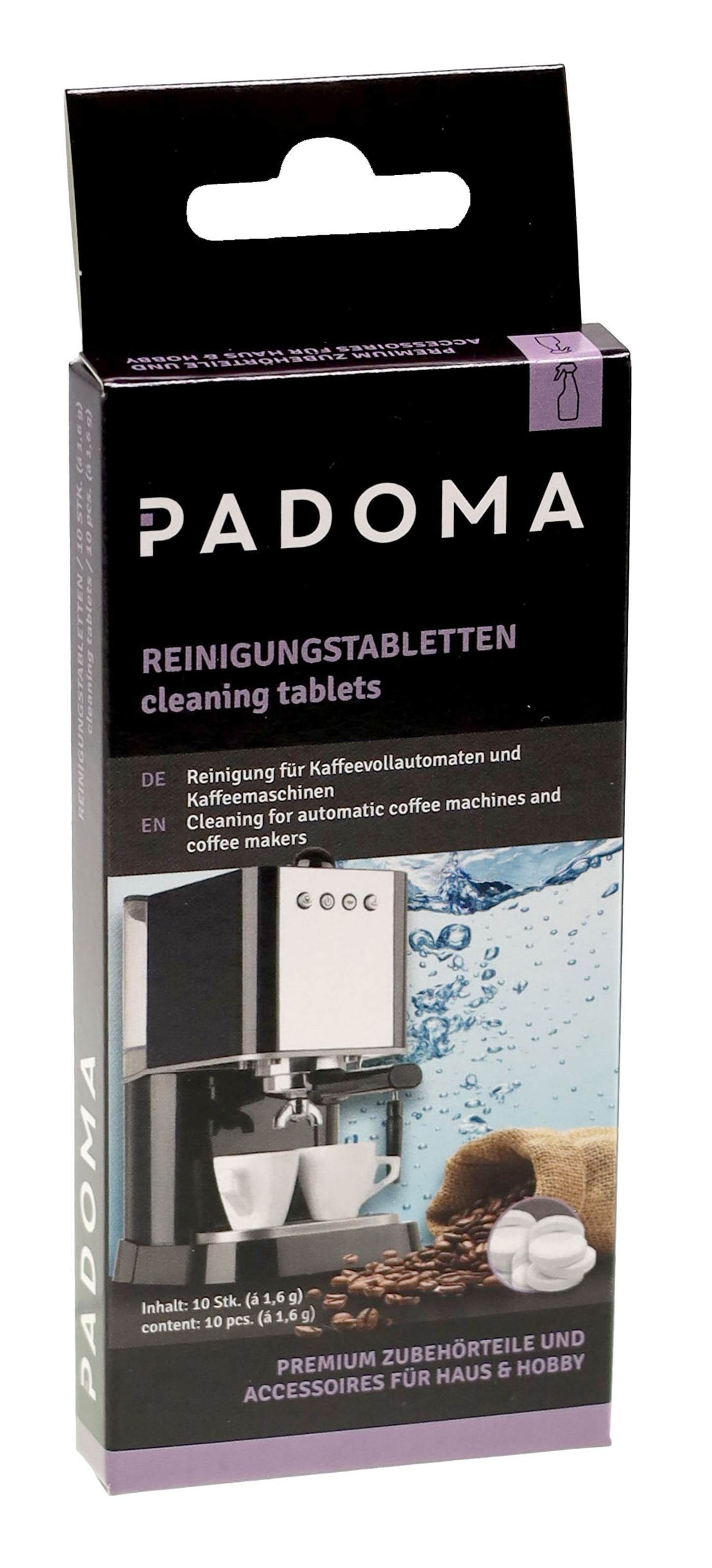 Padoma Reinigungstabletten für Kaffeemaschinen in schwarzer Verpackung mit Kaffeemaschine und Bohnen.