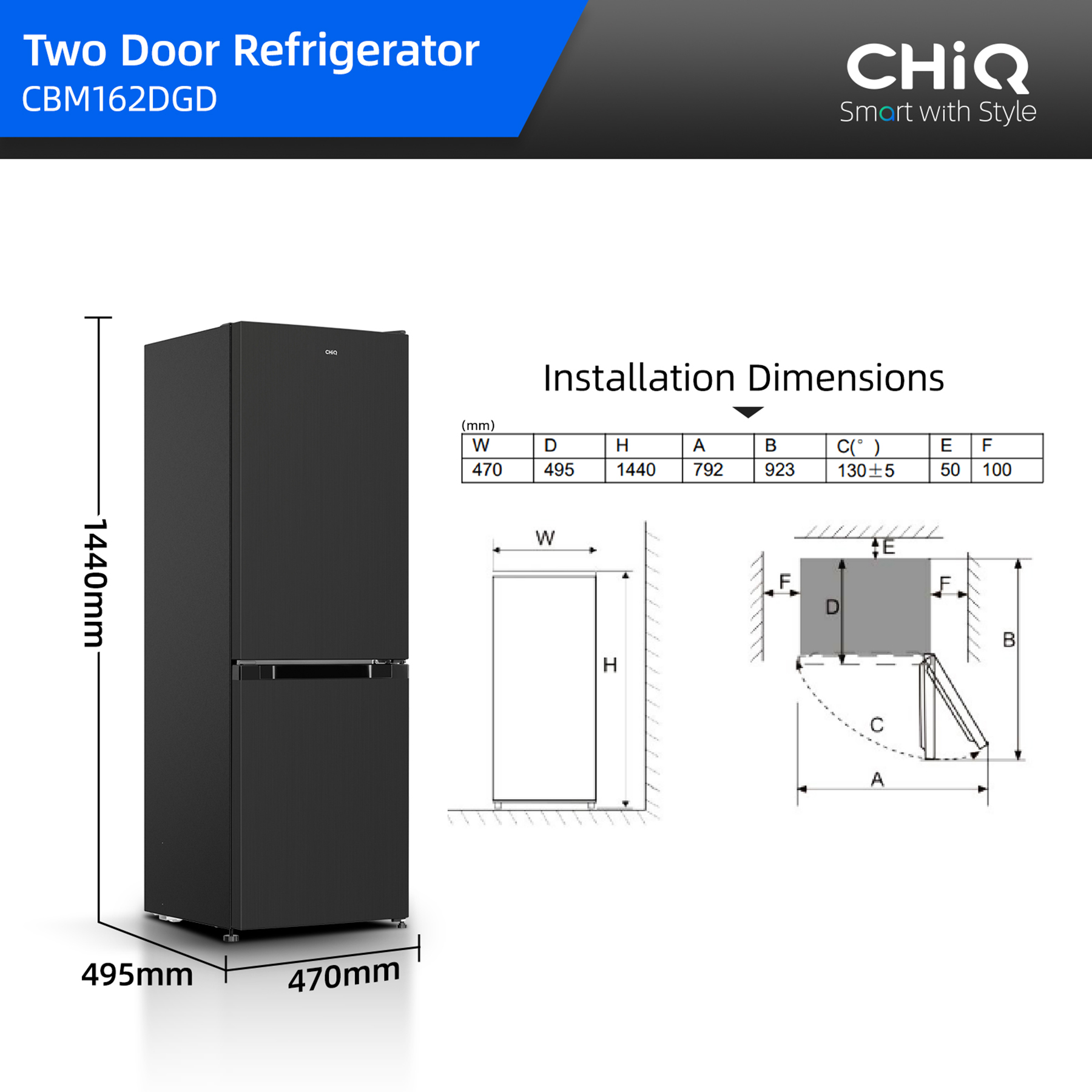 Technical drawing and dimensions of a black CHiQ CBM162DGD two-door refrigerator.