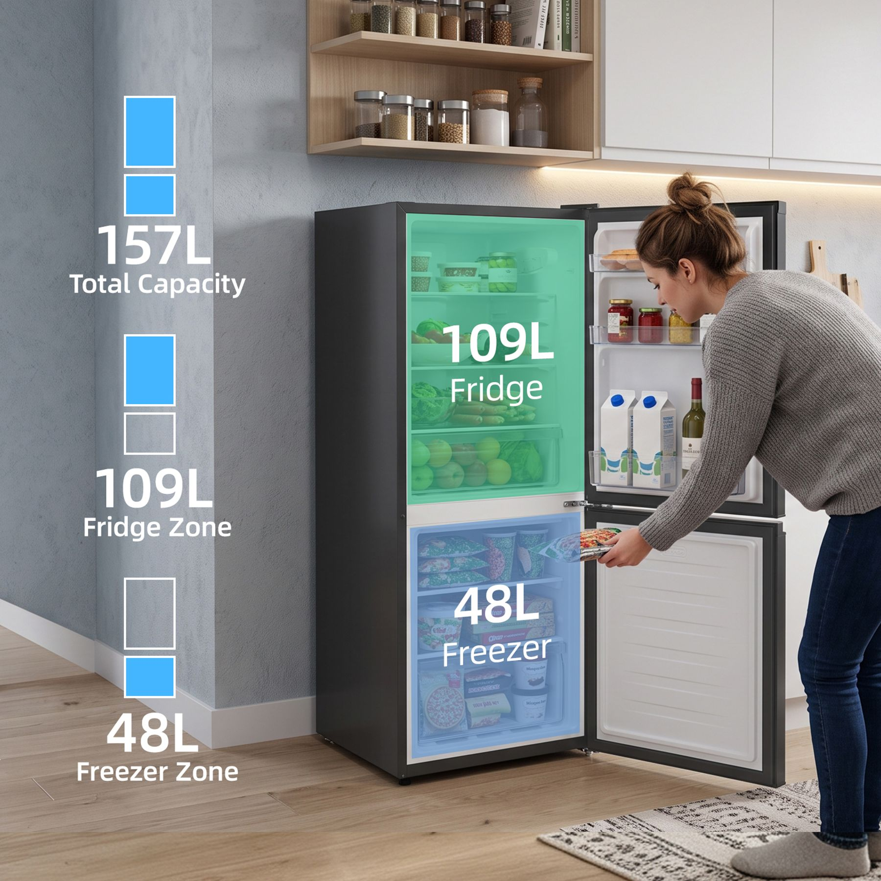 A woman reaching into an open 157L refrigerator with capacity breakdown overlays.