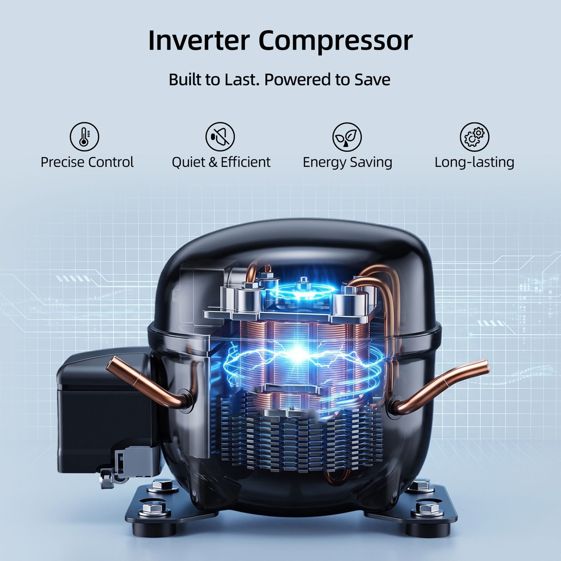 Cross-section of an inverter compressor showing copper coils and blue energy-saving graphics.