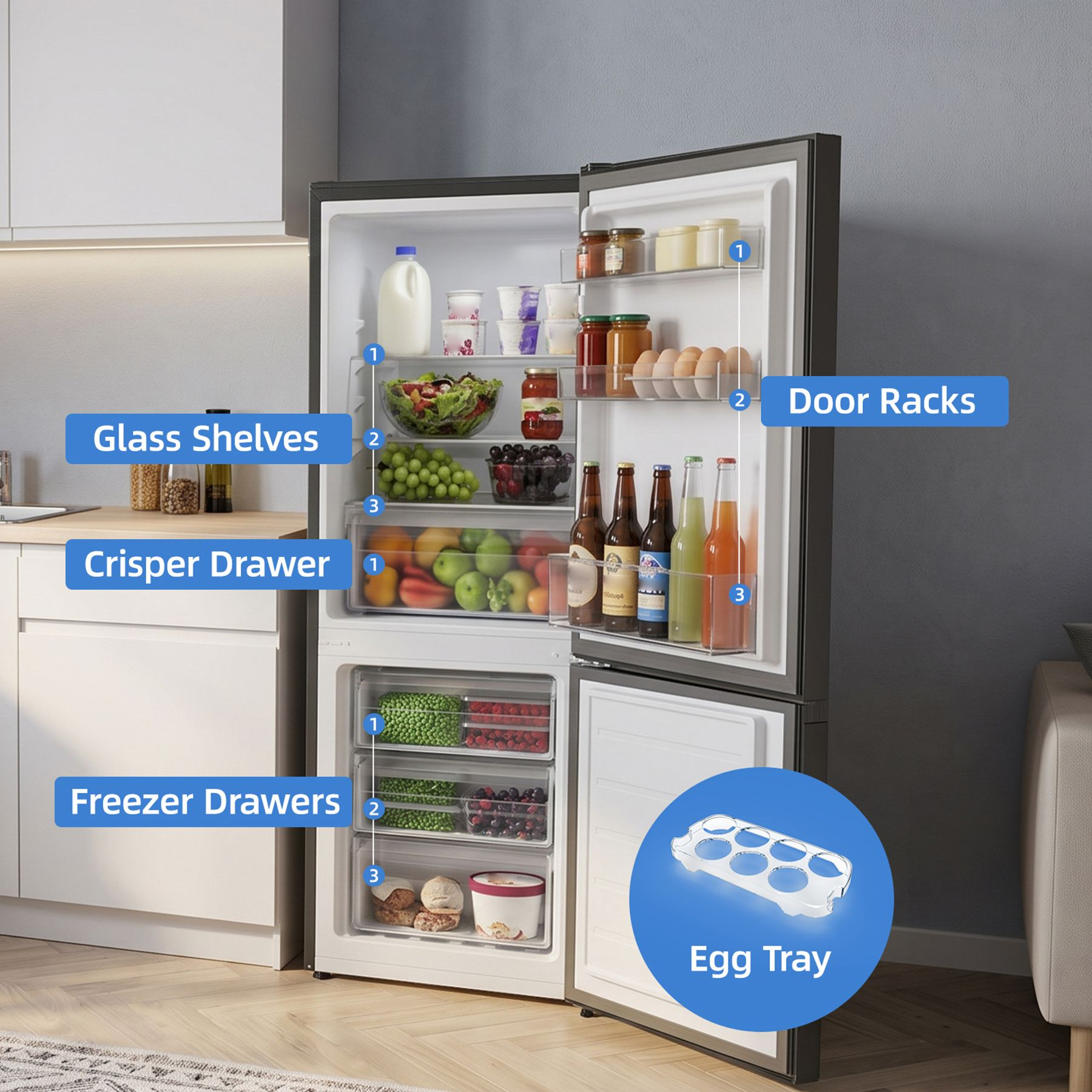 An open bottom-freezer refrigerator with labeled features like glass shelves, crisper drawer, and door racks.