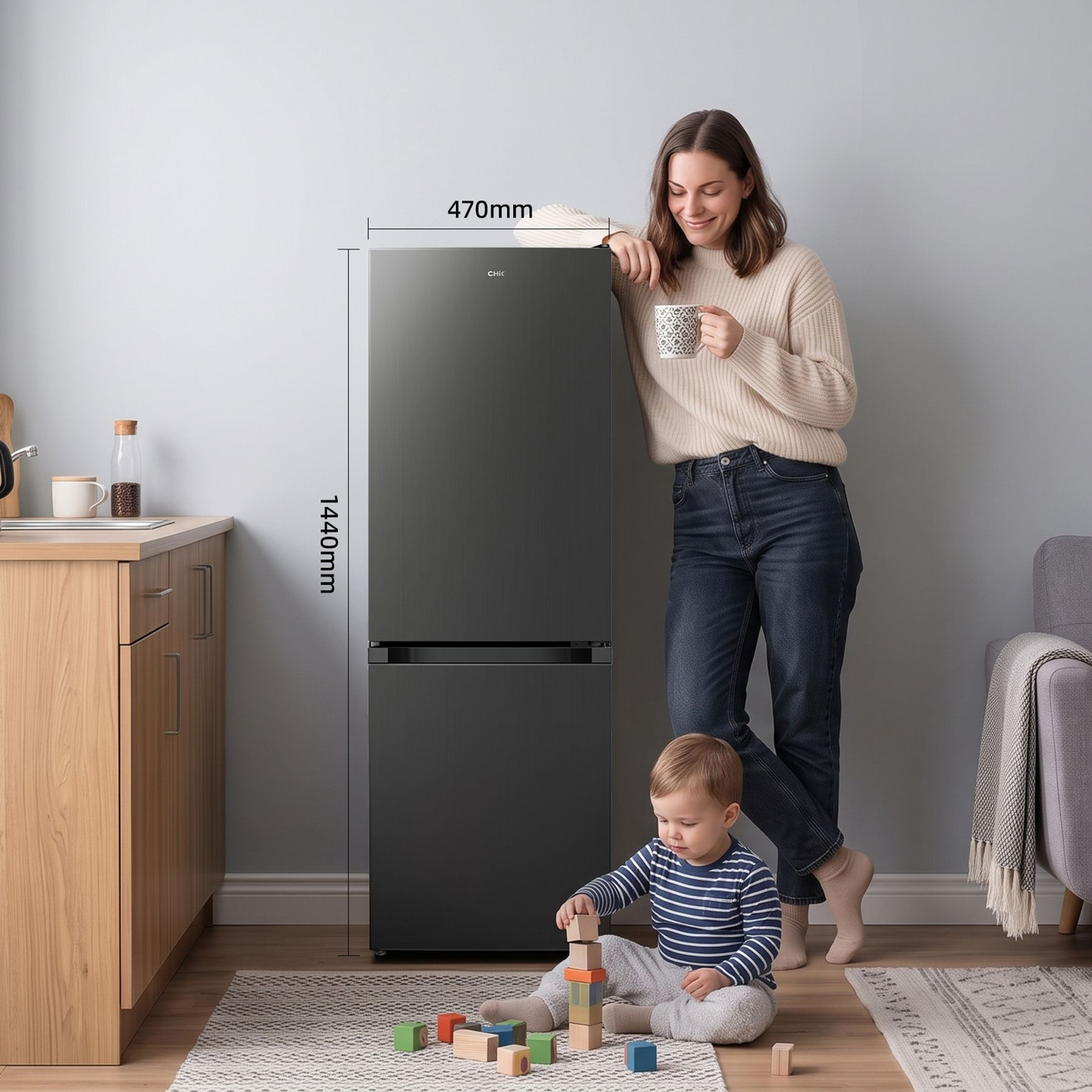 A woman with a cup leans on a dark refrigerator while a toddler plays with wooden blocks on a rug.